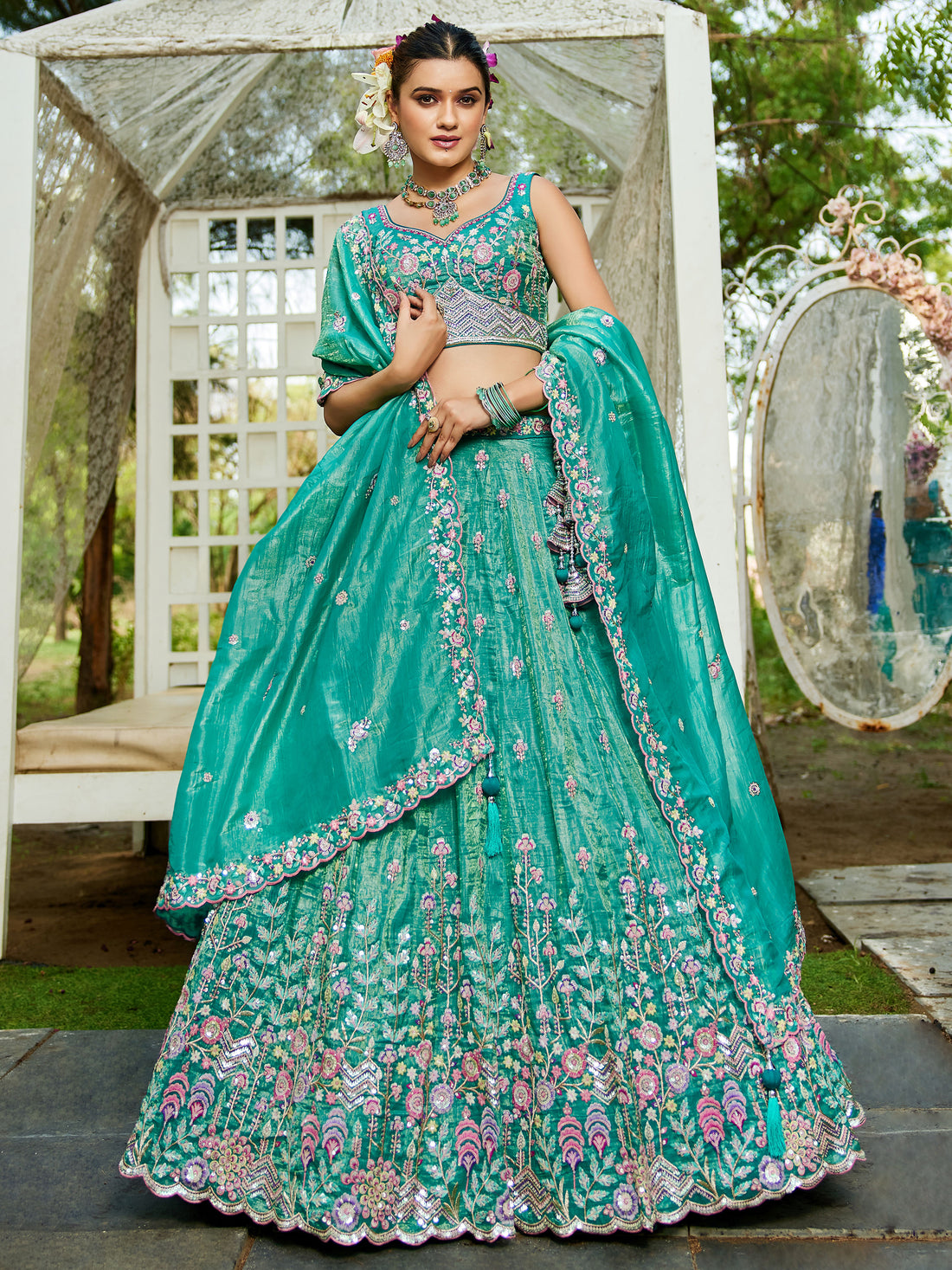 Beauteous Sea-Green Sequins Silk Lehenga Choli With Dupatta