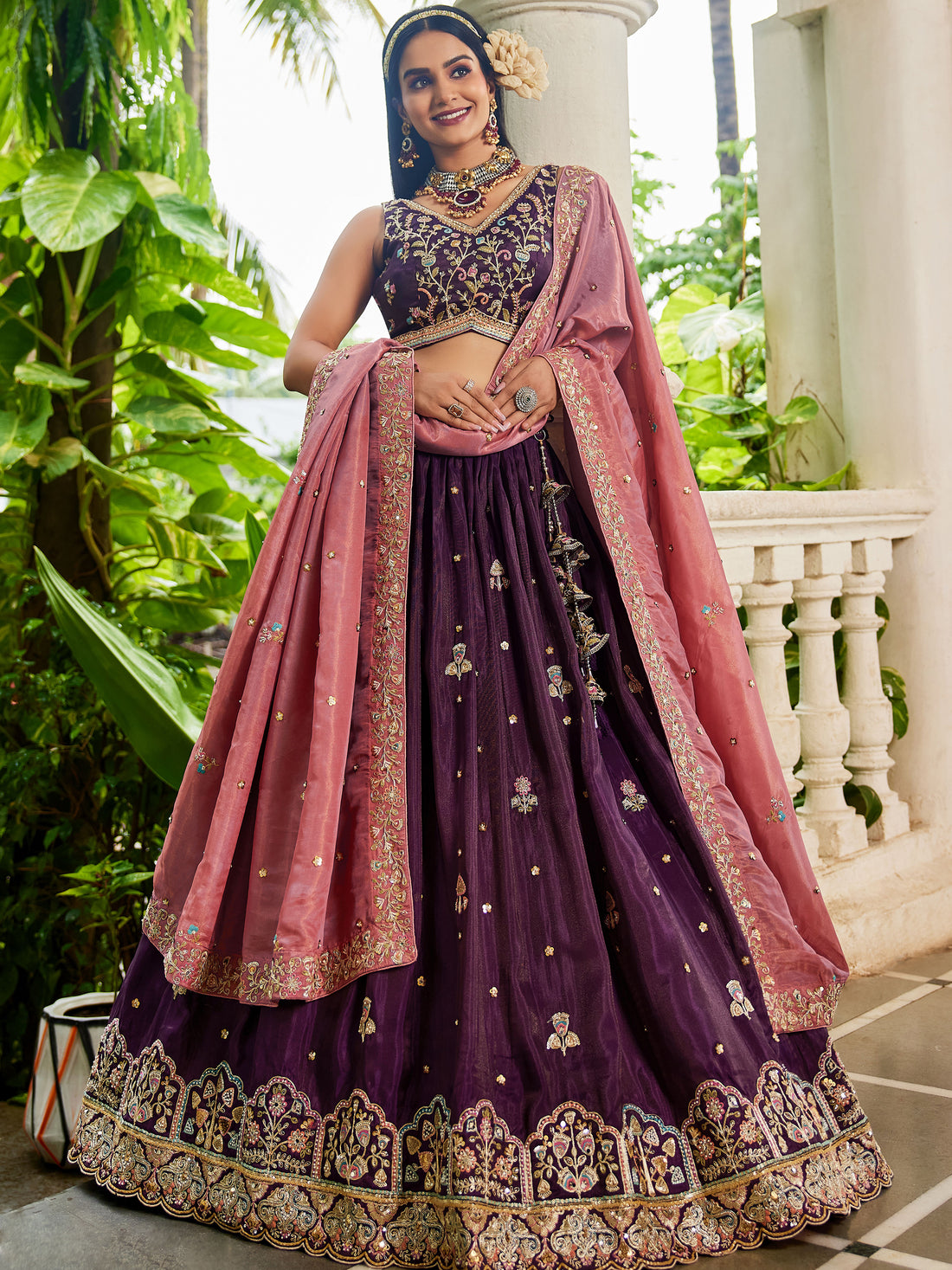 Delightful Burgundy Thread Embroidered Silk Wedding Lehenga Choli