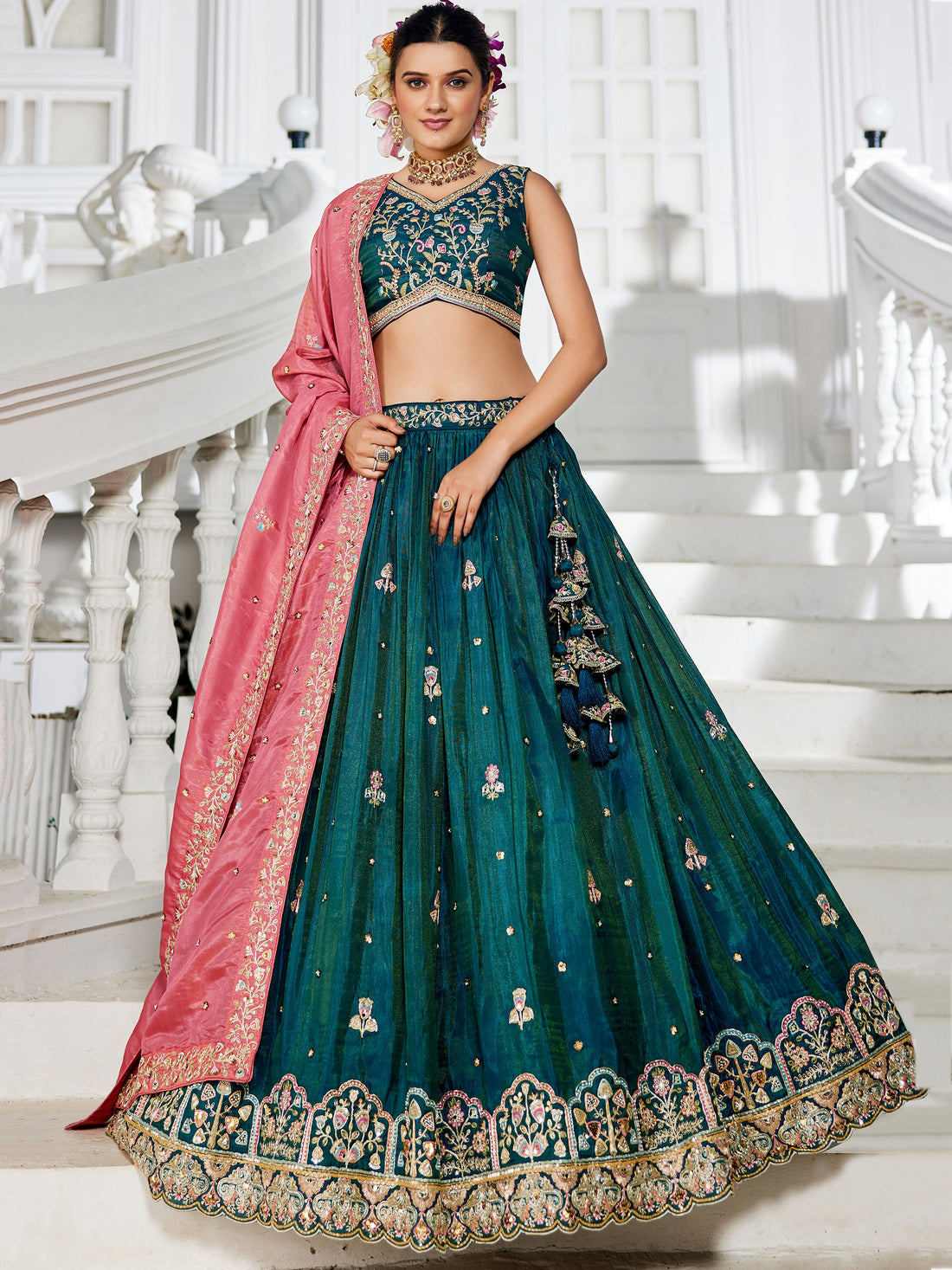 Elegant Teal Green Thread Work Silk Lehenga Choli With Dupatta