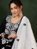 Marvelous Black Embroidered Rayon Traditional Pant Suit With Dupatta