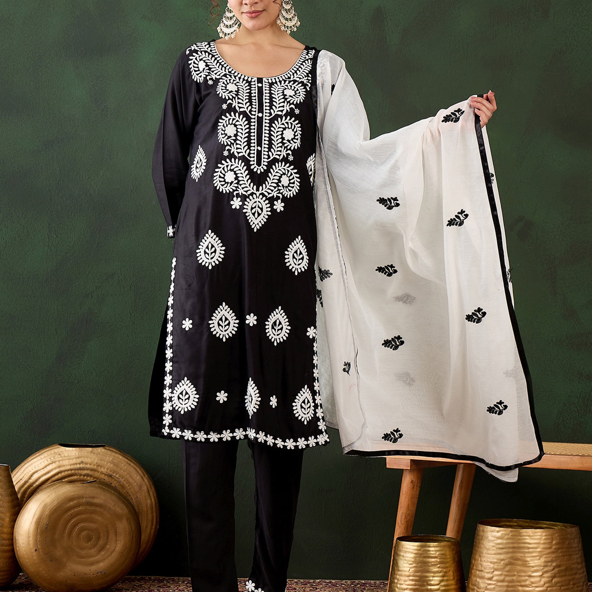 Marvelous Black Embroidered Rayon Traditional Pant Suit With Dupatta