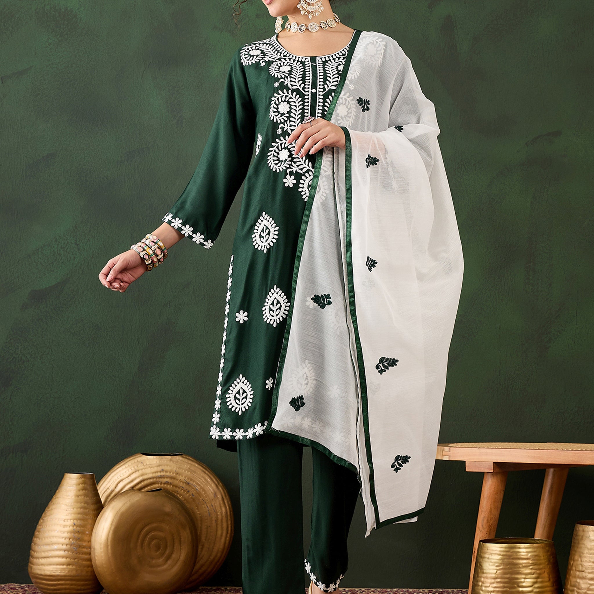 Beautiful Green Embroidered Rayon Festival Wear Pant Suit With Dupatta