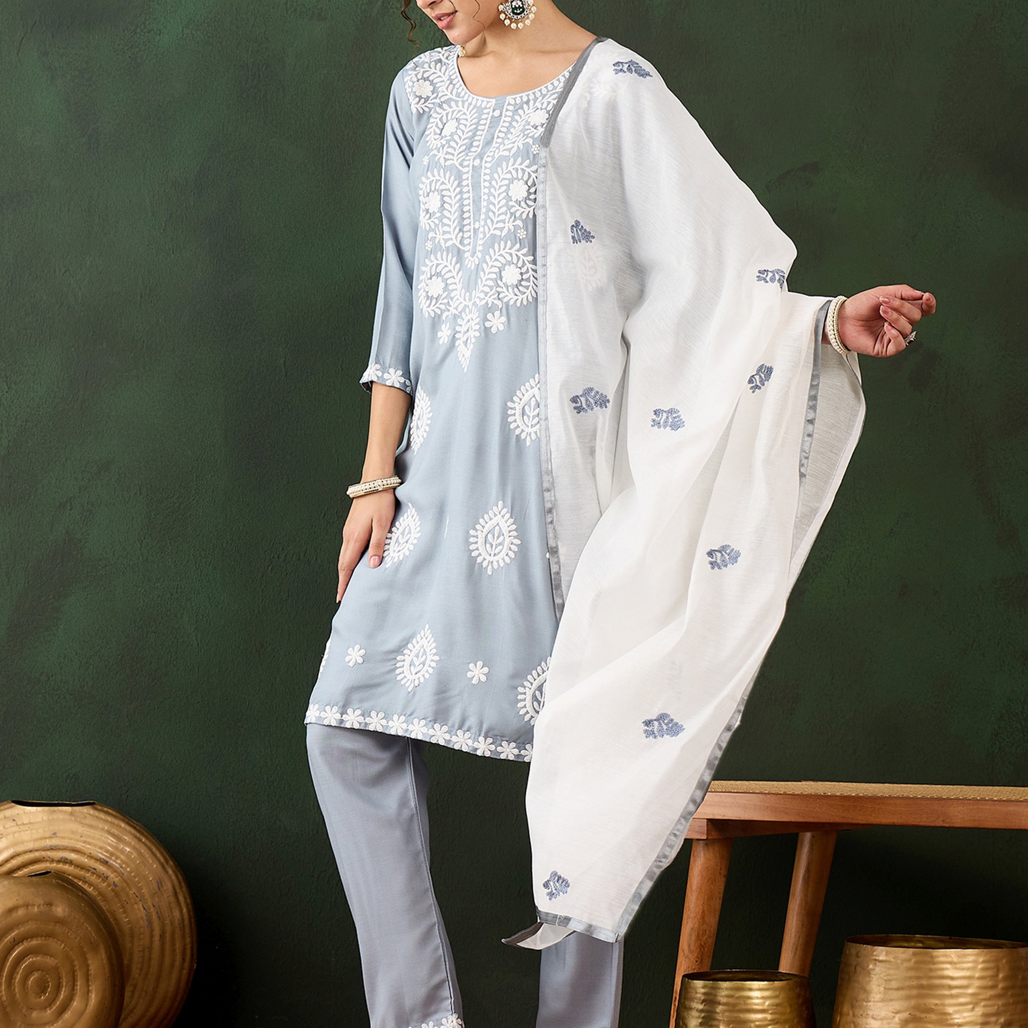 Gorgeous Grey Embroidered Rayon Event Wear Pant Suit With Dupatta