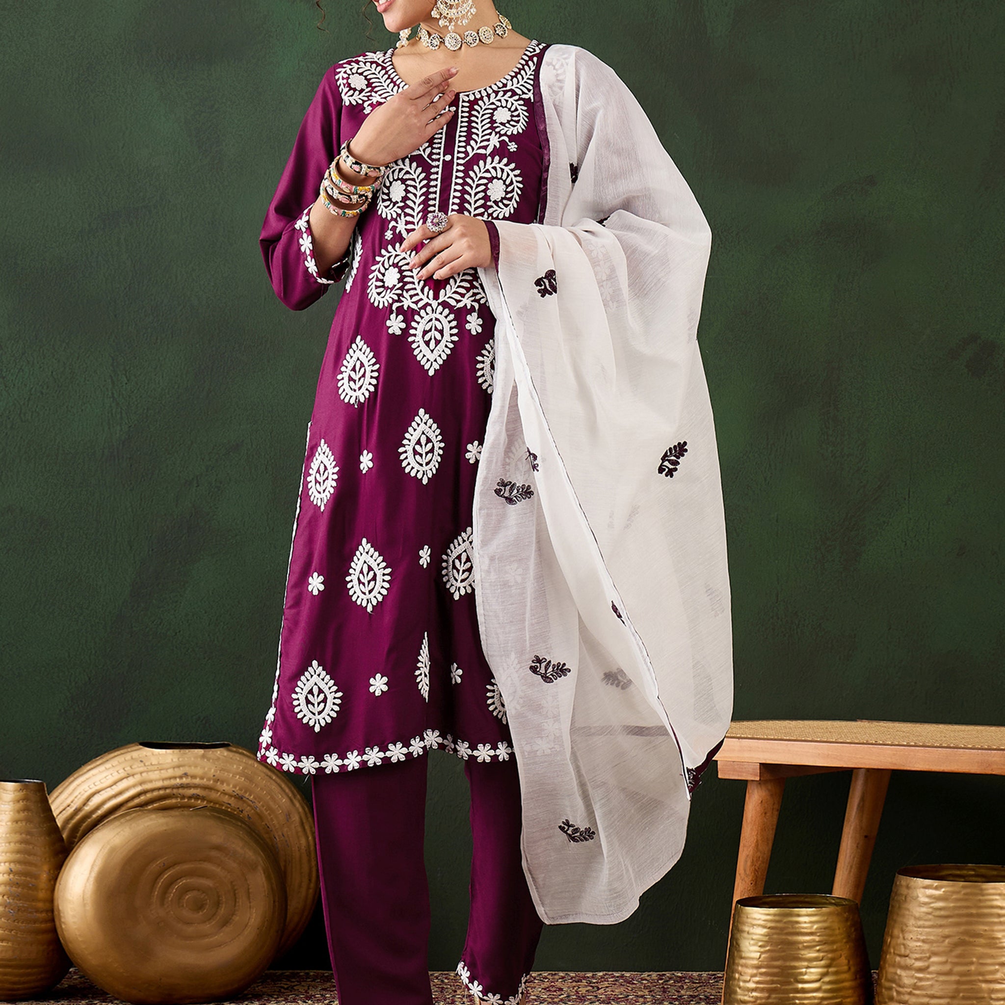 Stunning Magenta Embroidered Rayon Pant Suit With Dupatta