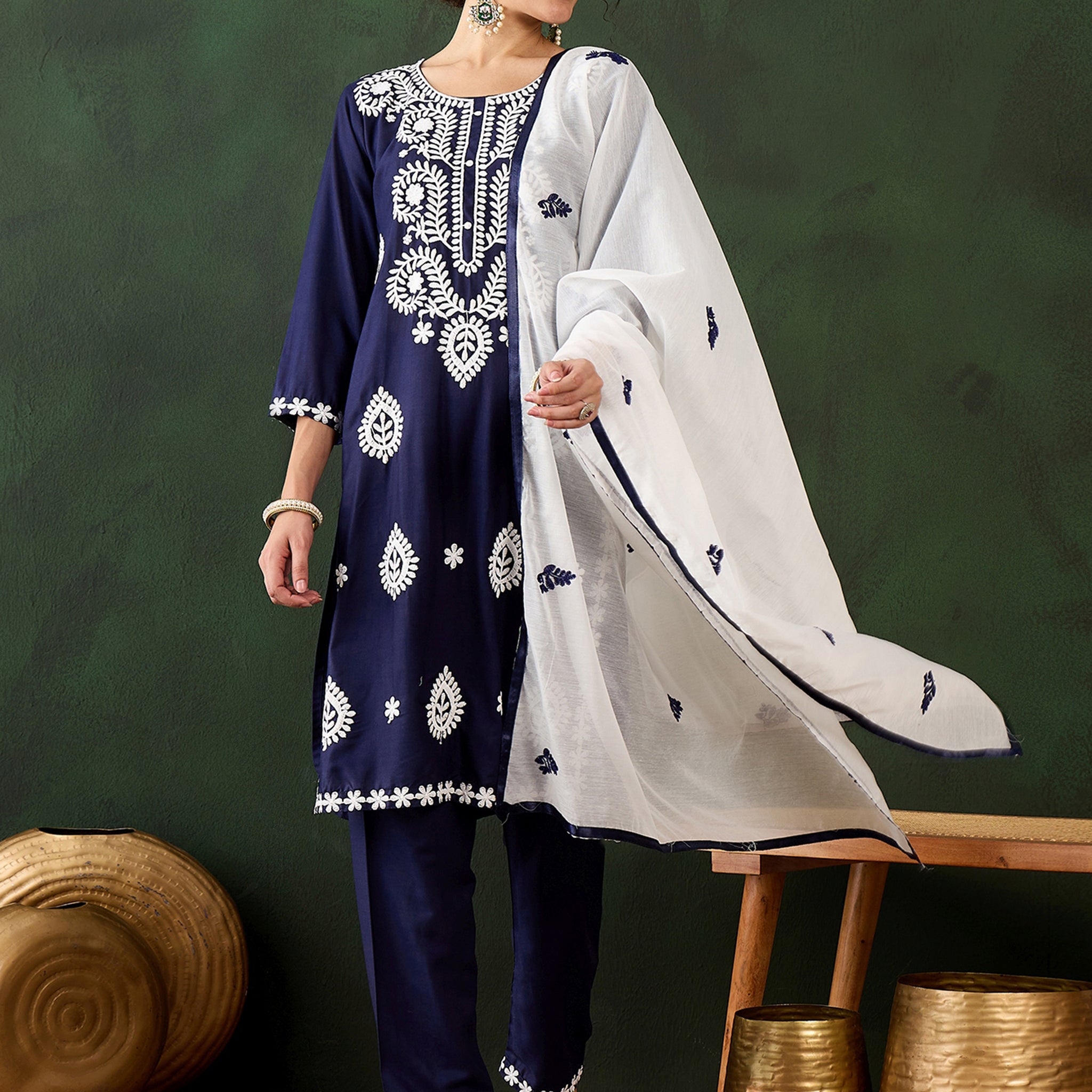 Captivating Navy Blue Embroidered Rayon Casual Wear Pant Suit