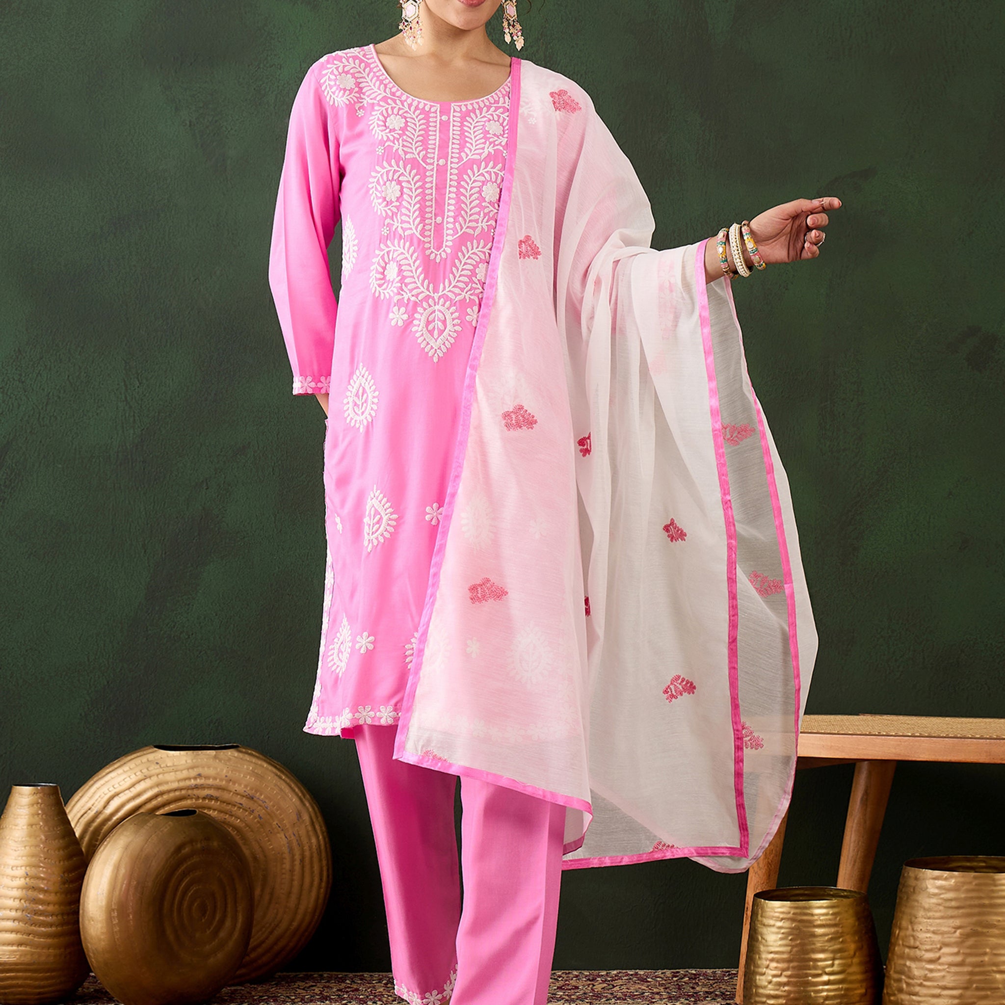 Glamorous Pink Embroidered Rayon Office Wear Pant Suit