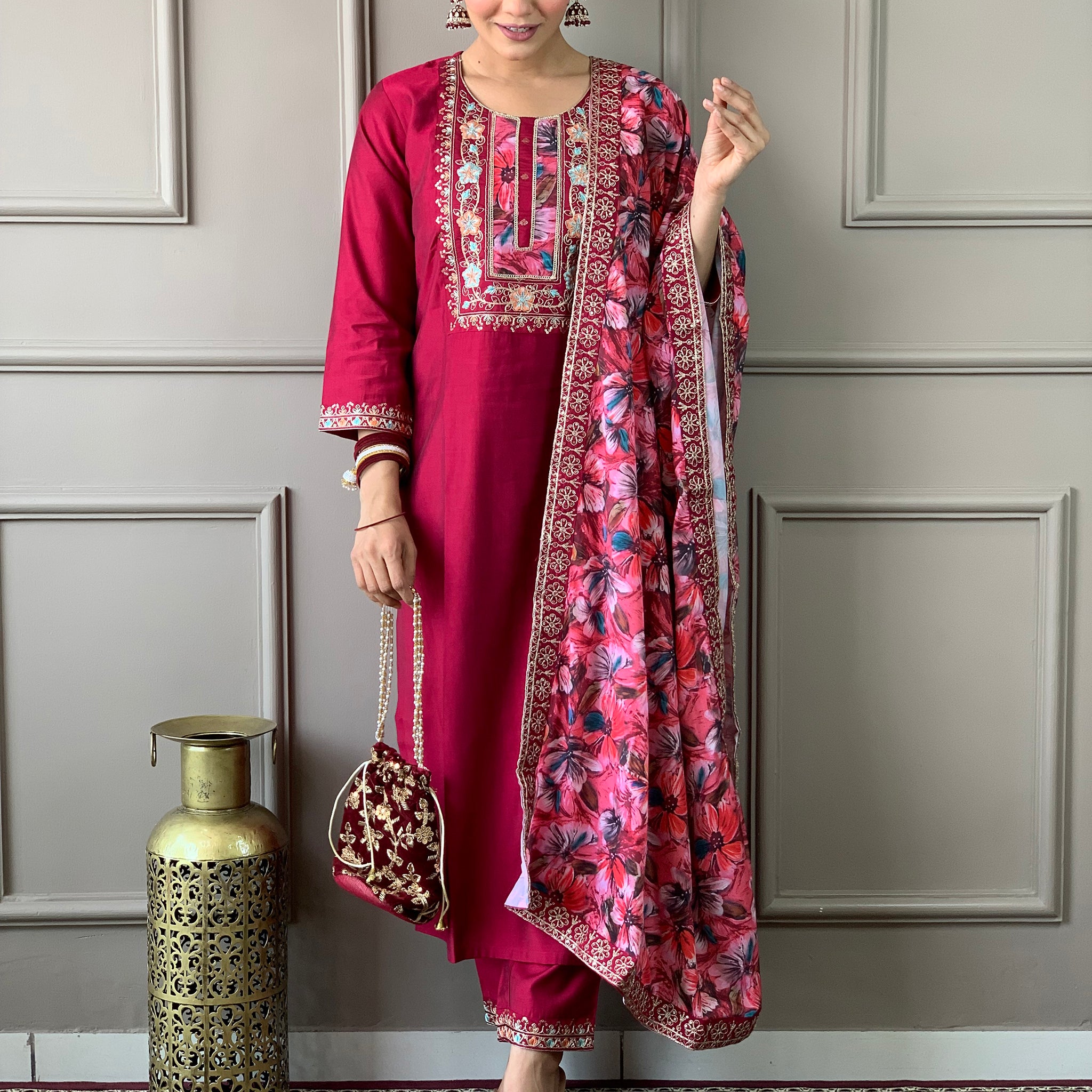 Beautiful Rani Pink Embroidered Chanderi Silk Event Wear Pant Suit