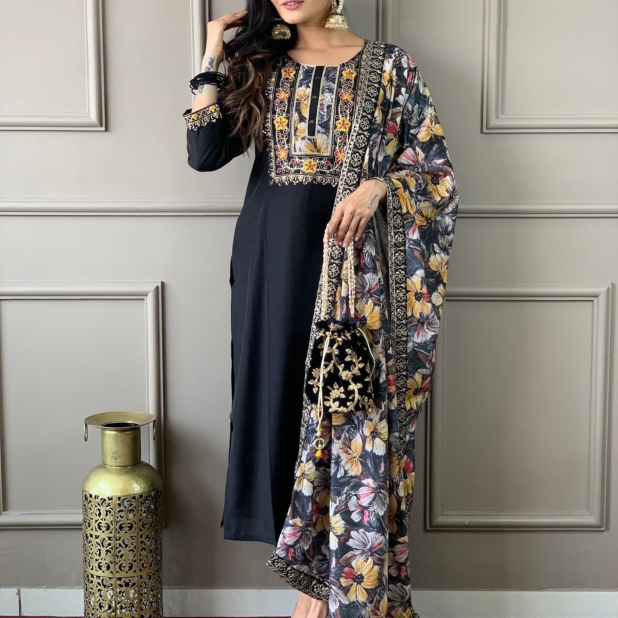 Captivating Black Embroidered Chanderi Silk Traditional Pant Suit