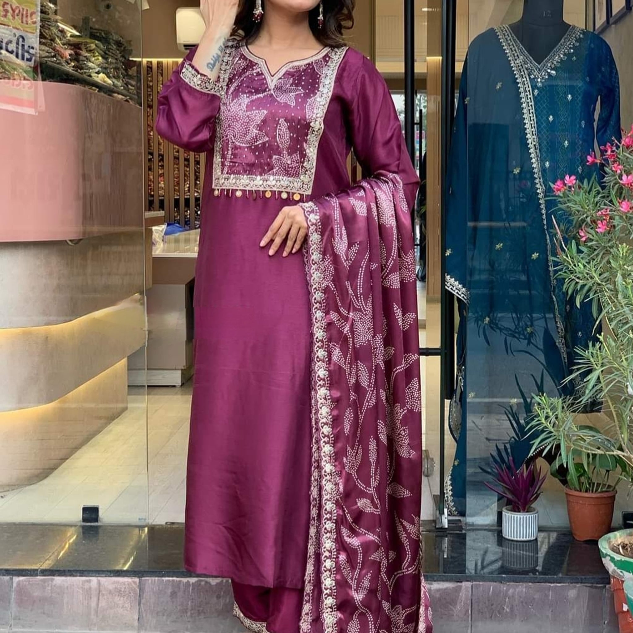 Bewitching Wine Embroidered Chanderi Silk Festival Wear Pant Suit