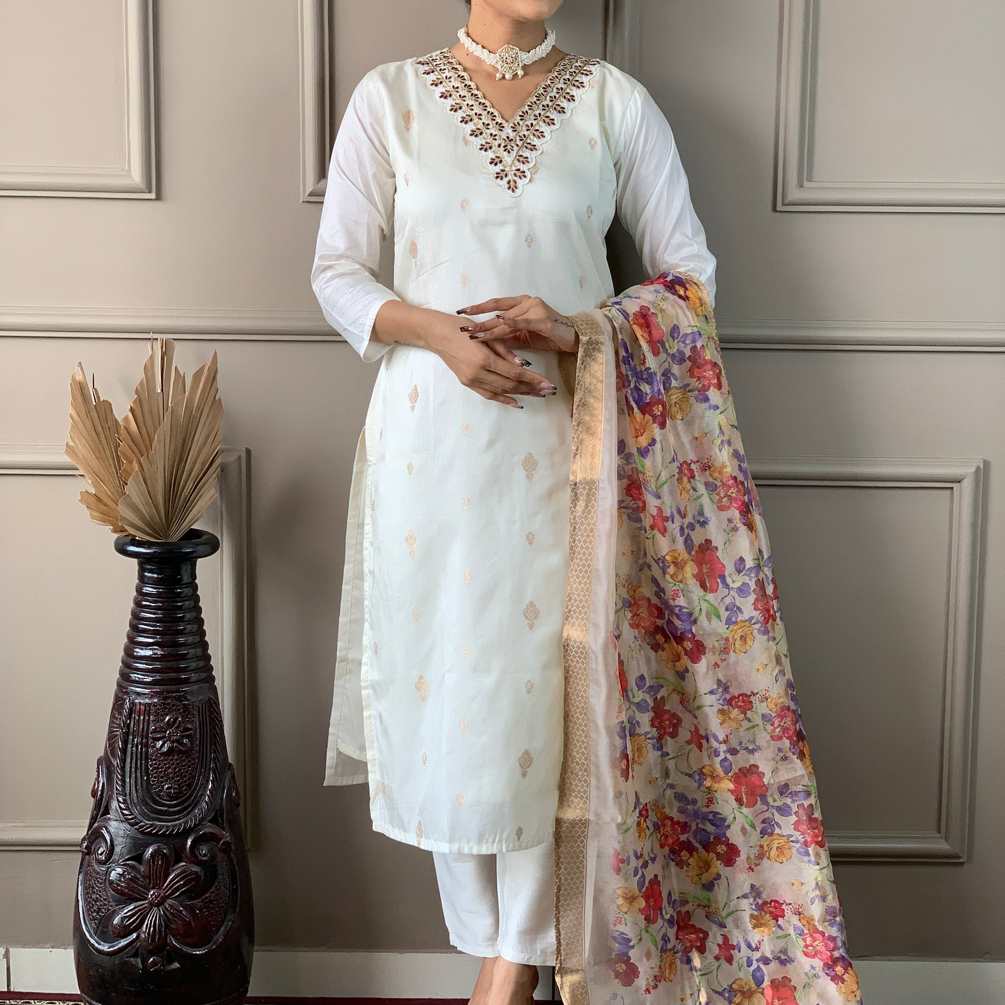 Marvelous White Embroidered Nylon Festival Wear Pant Suit With Dupatta
