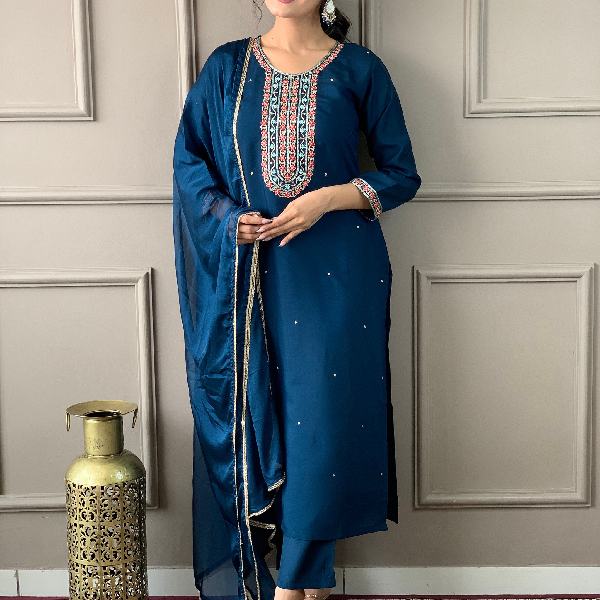 Adorable Blue Embroidered Chanderi Silk Pant Suit With Dupatta