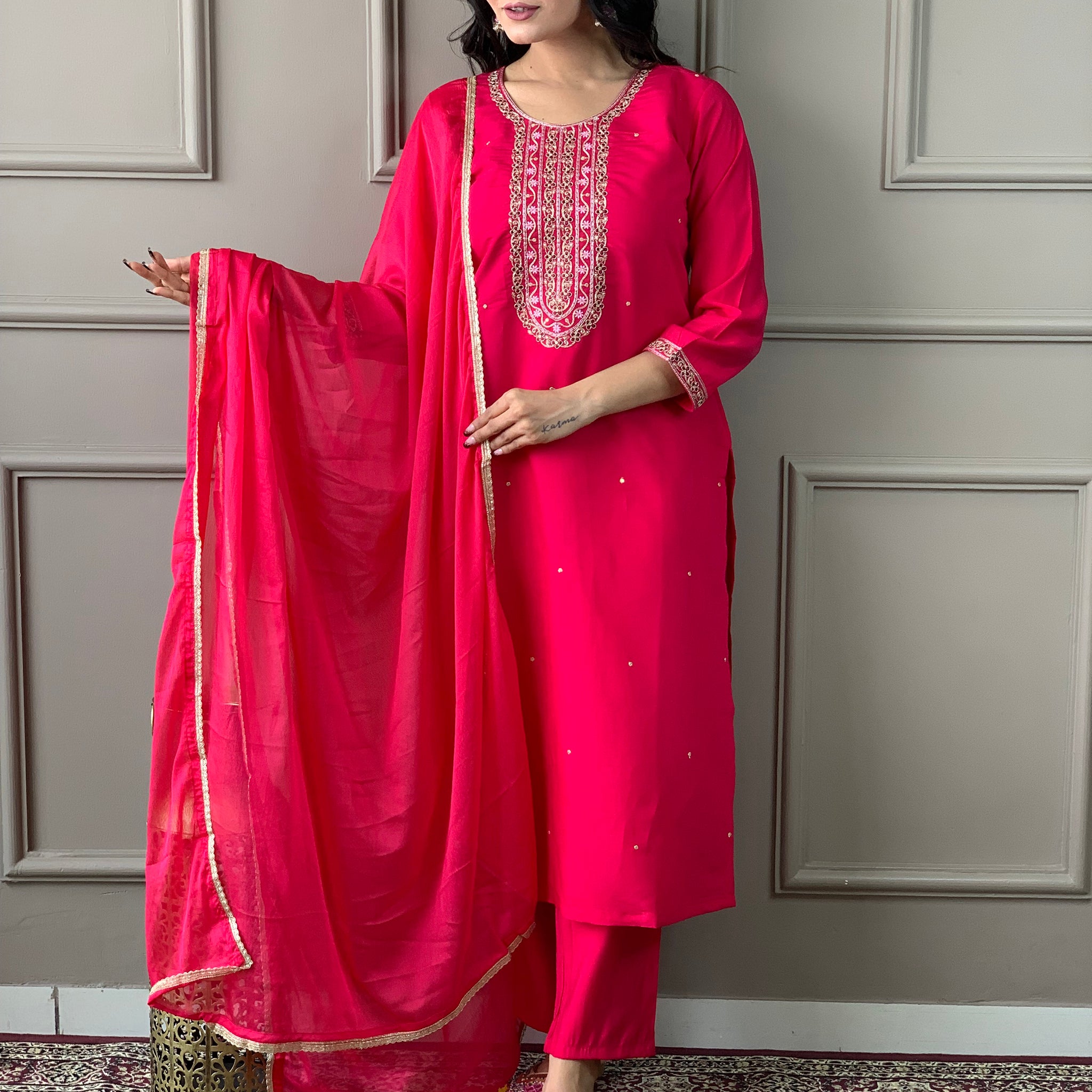 Gorgeous Rani Pink Embroidered Chanderi Silk  Traditional Pant Suit