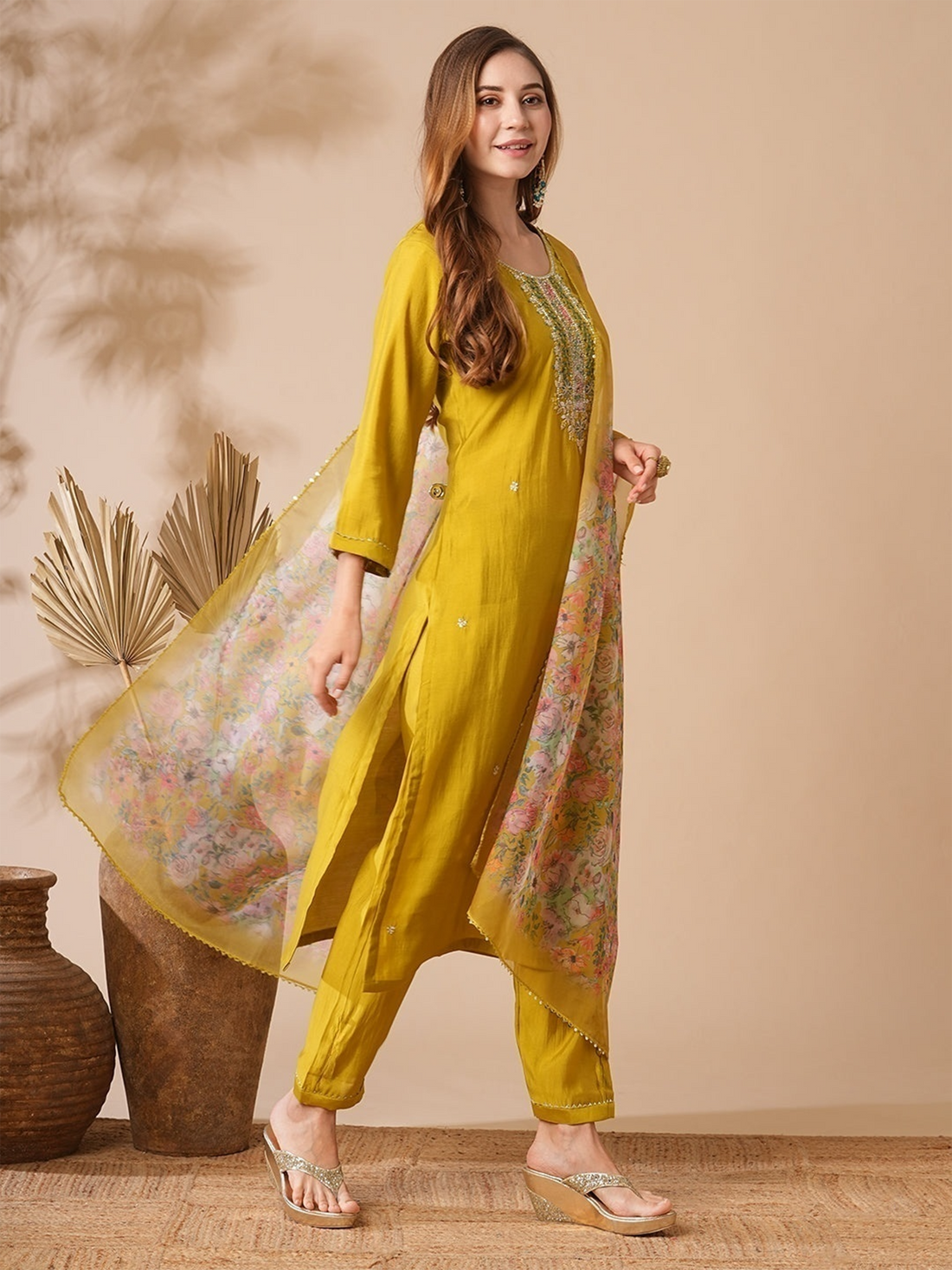 Marvelous Mustard Yellow Embroidery Silk Haldi Wear Pant Suit