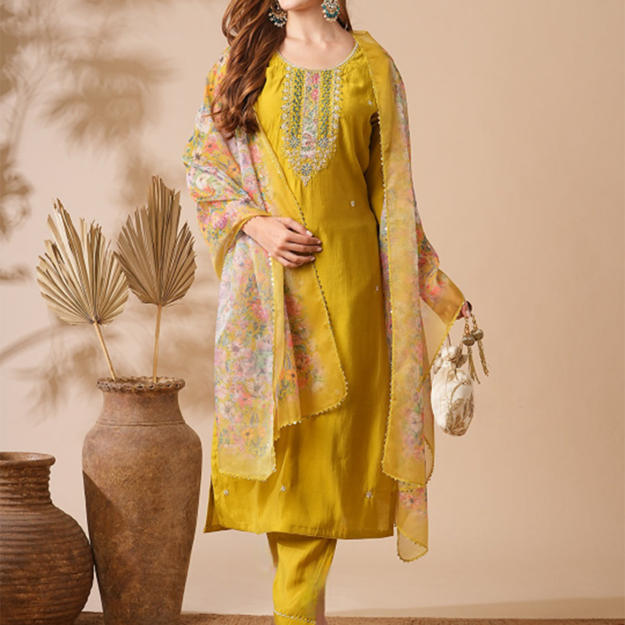 Marvelous Mustard Yellow Embroidery Silk Haldi Wear Pant Suit