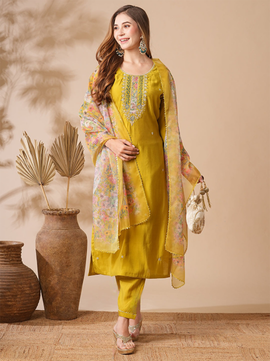 Marvelous Mustard Yellow Embroidery Silk Haldi Wear Pant Suit