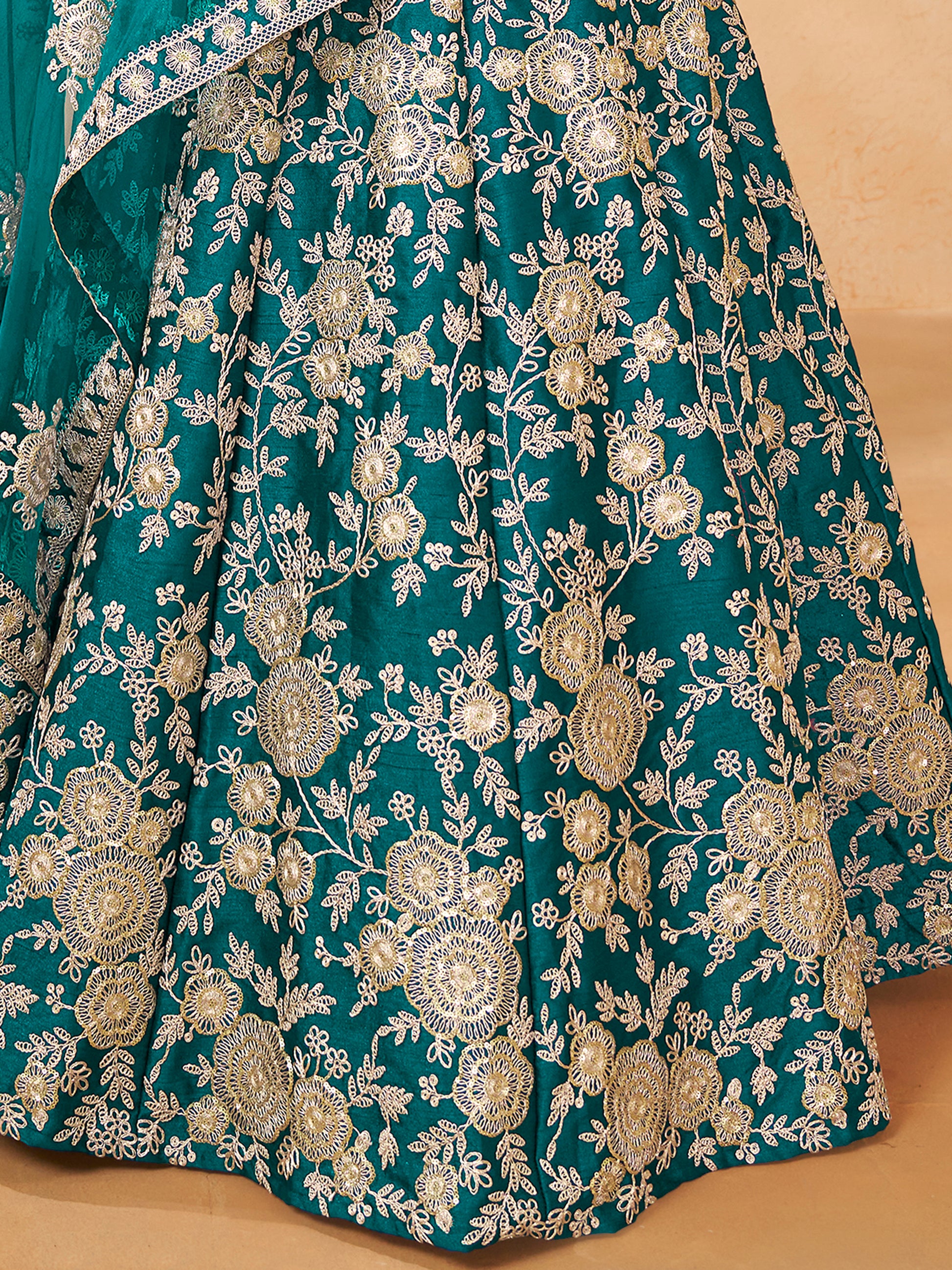 Dazzling Teal Green Embroidered Silk Engagement Wear Lehenga Choli