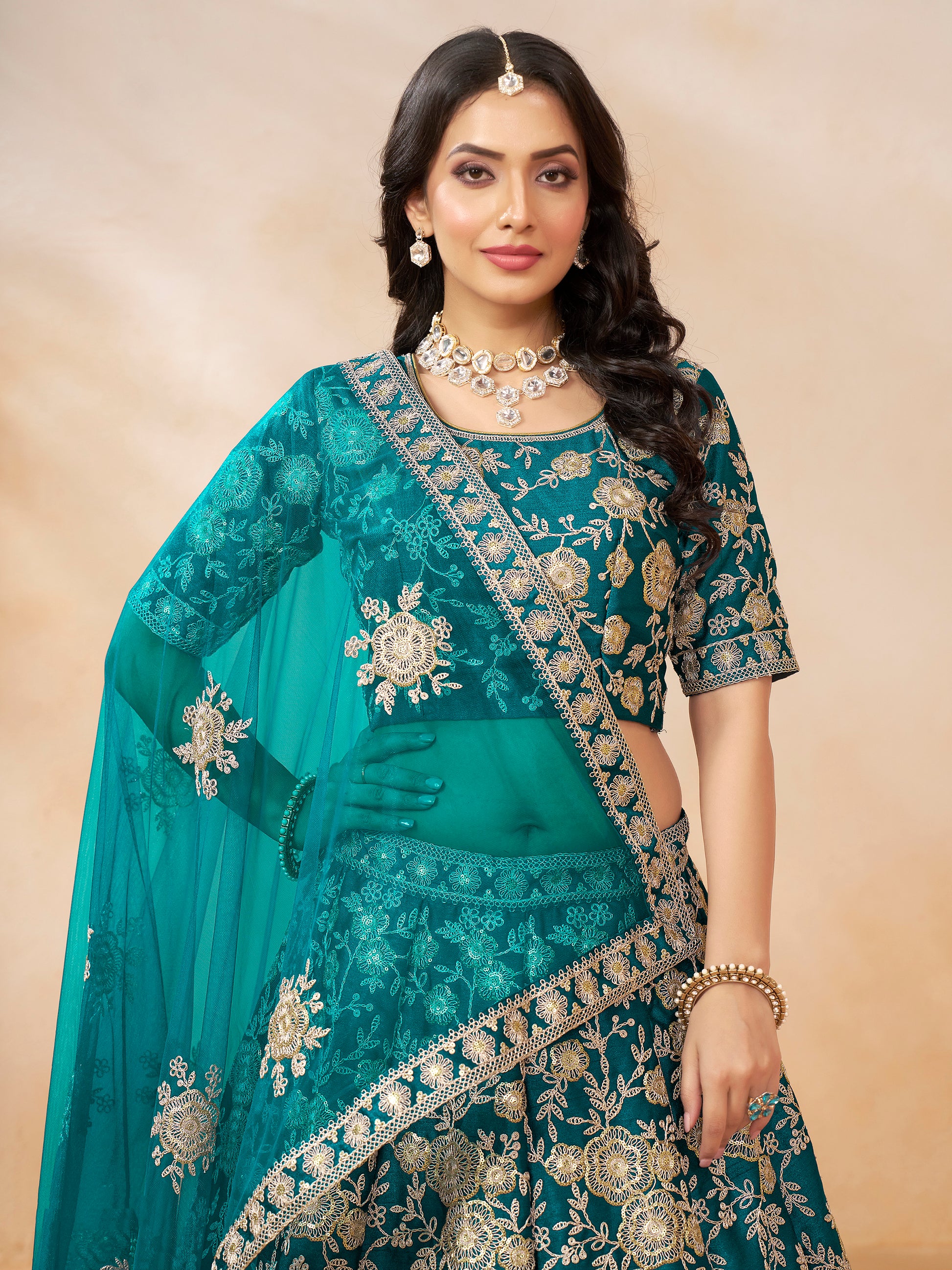 Dazzling Teal Green Embroidered Silk Engagement Wear Lehenga Choli