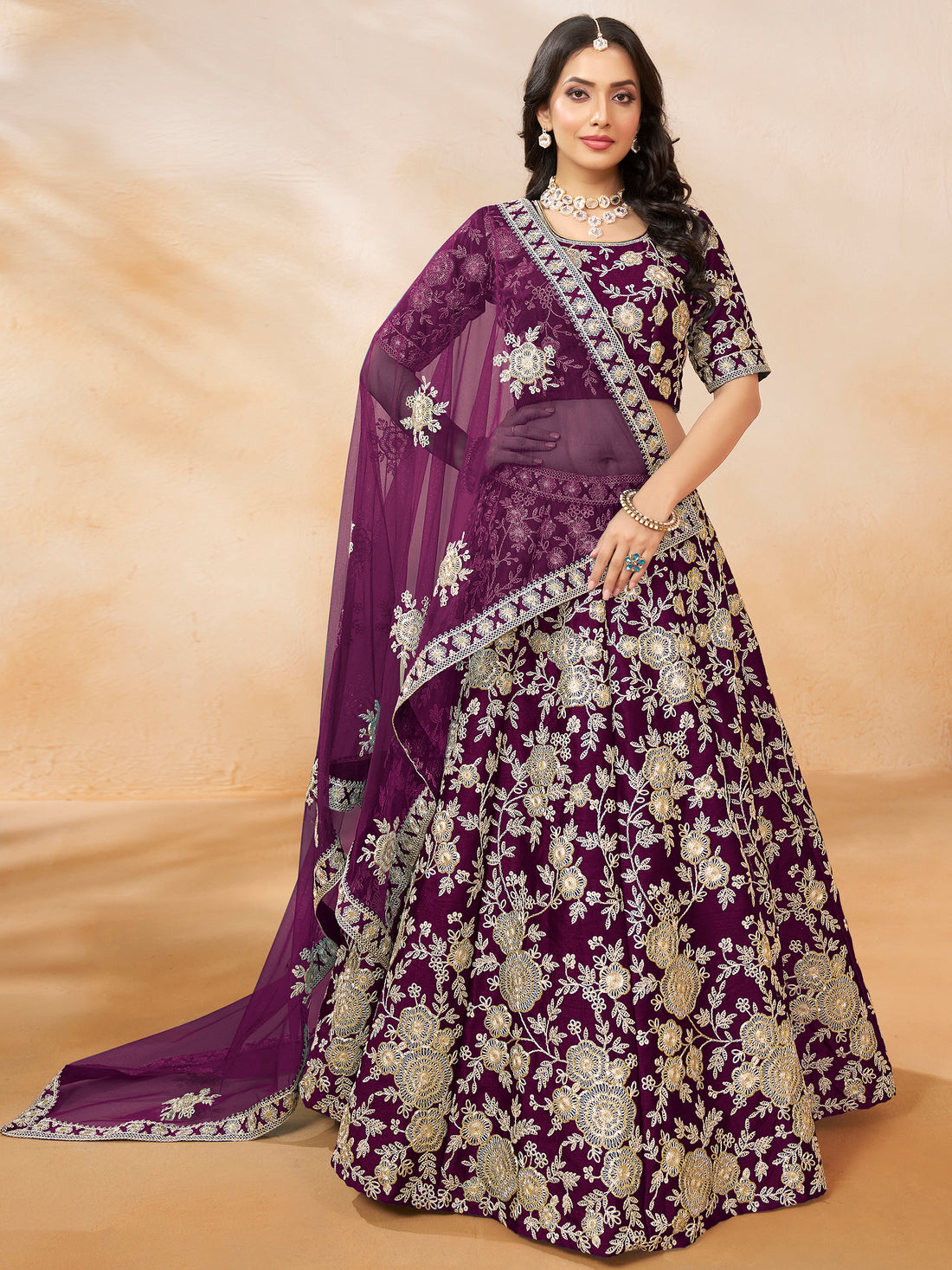 Spectacular Wine Embroidered Silk Wedding Wear Lehenga Choli