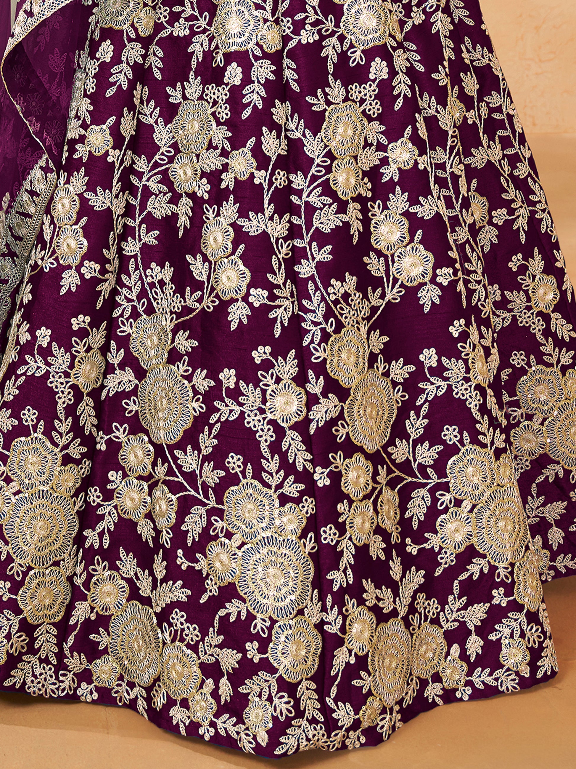 Spectacular Wine Embroidered Silk Wedding Wear Lehenga Choli