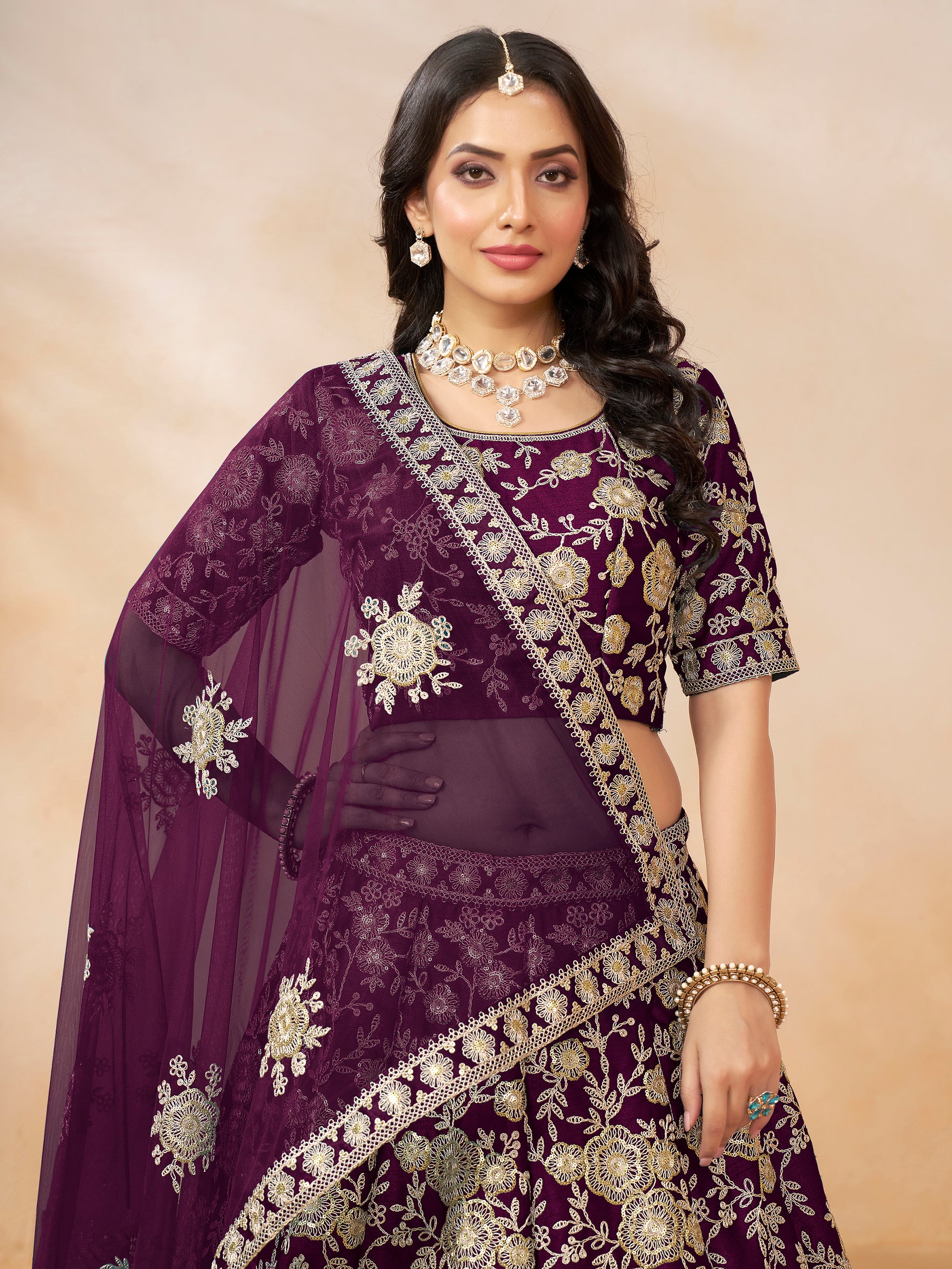 Spectacular Wine Embroidered Silk Wedding Wear Lehenga Choli