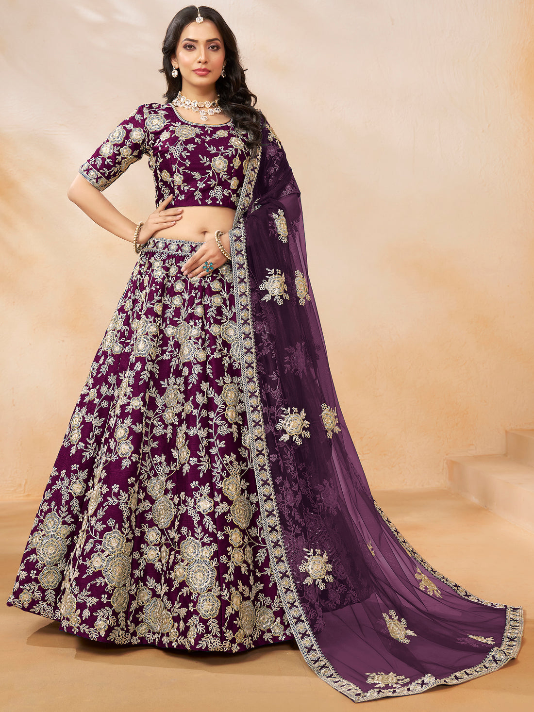 Spectacular Wine Embroidered Silk Wedding Wear Lehenga Choli