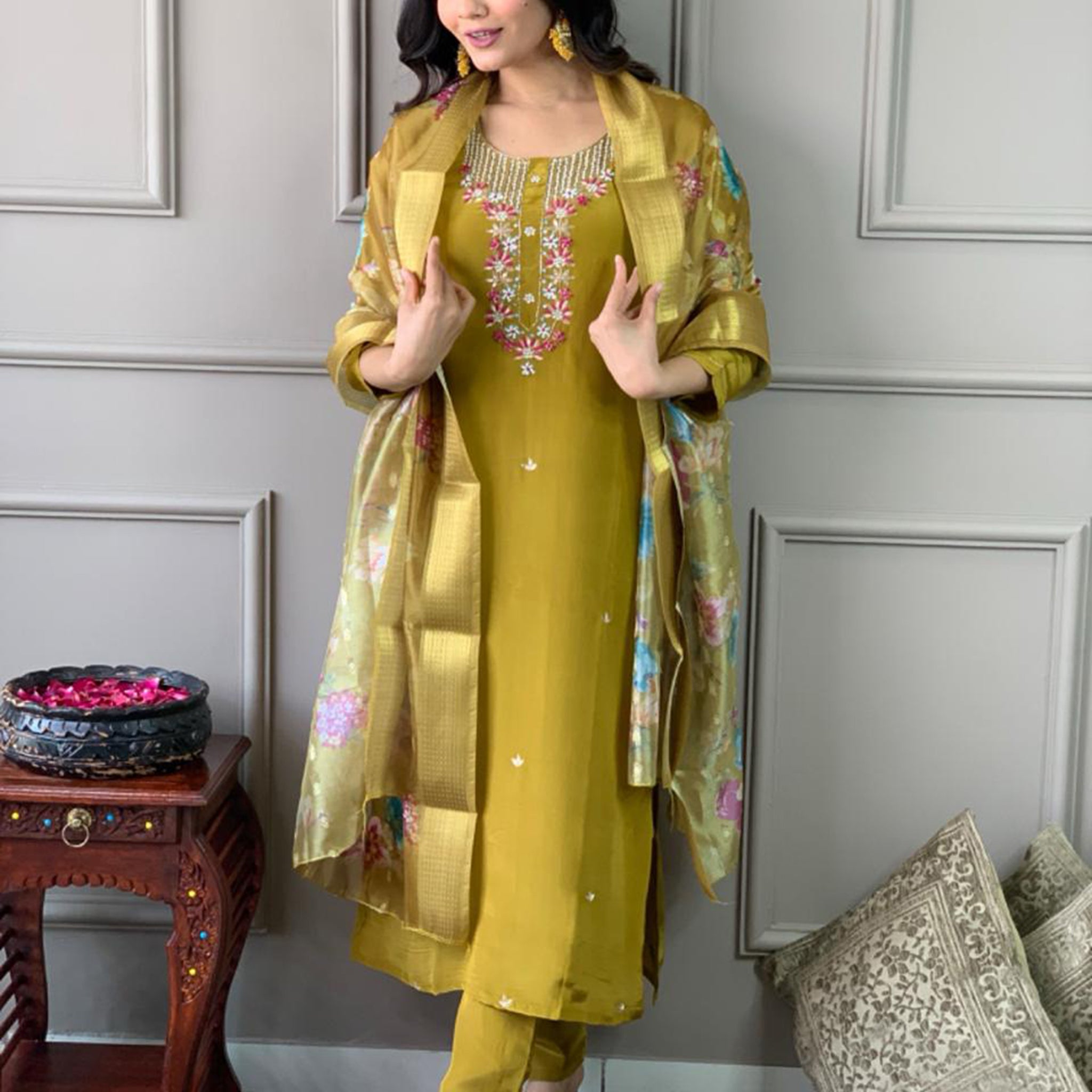 Charming Mustard Yellow Embroidered Chanderi Silk Traditional Pant Suit
