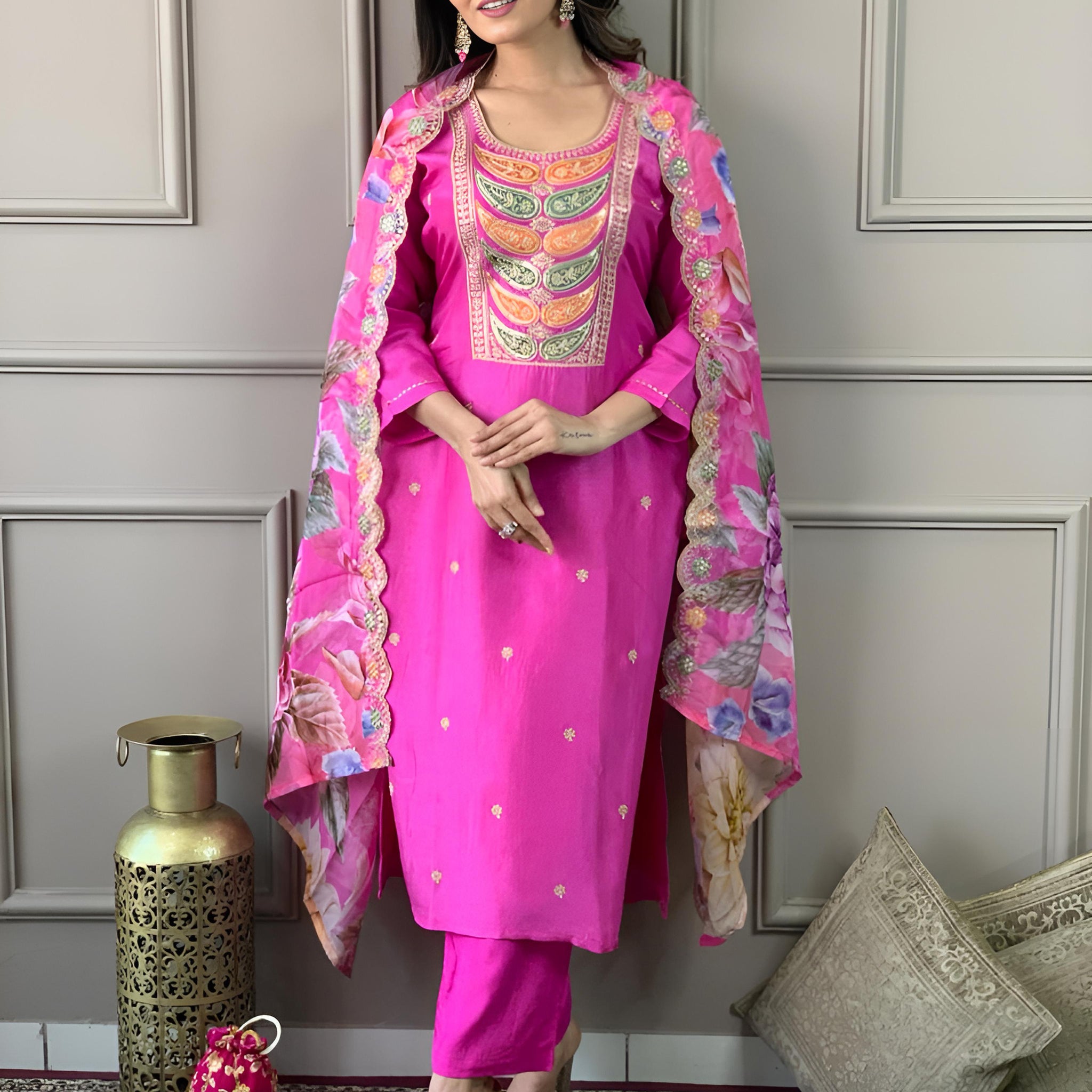 Sweet Pink Embroidered Chanderi Silk Event Wear Pant Suit With Dupatta