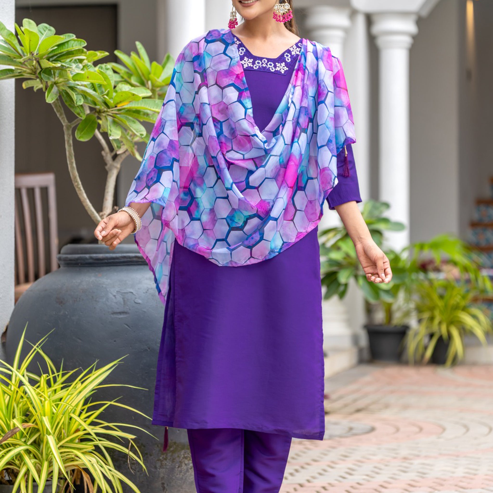 Lovely Purple Embroidered Rayon Readymade Pant Suit With Dupatta