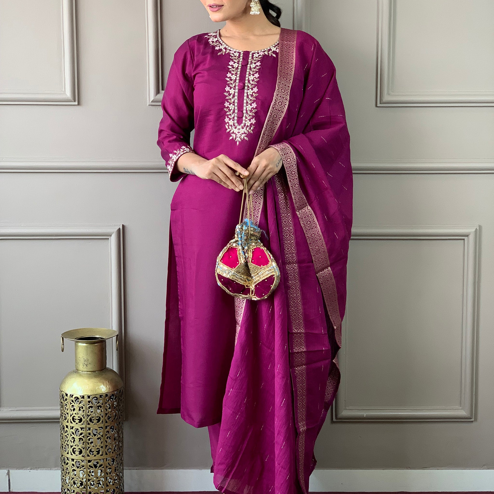 Stunning Burgundy Embroidered Chanderi Silk Readymade Pant Suit