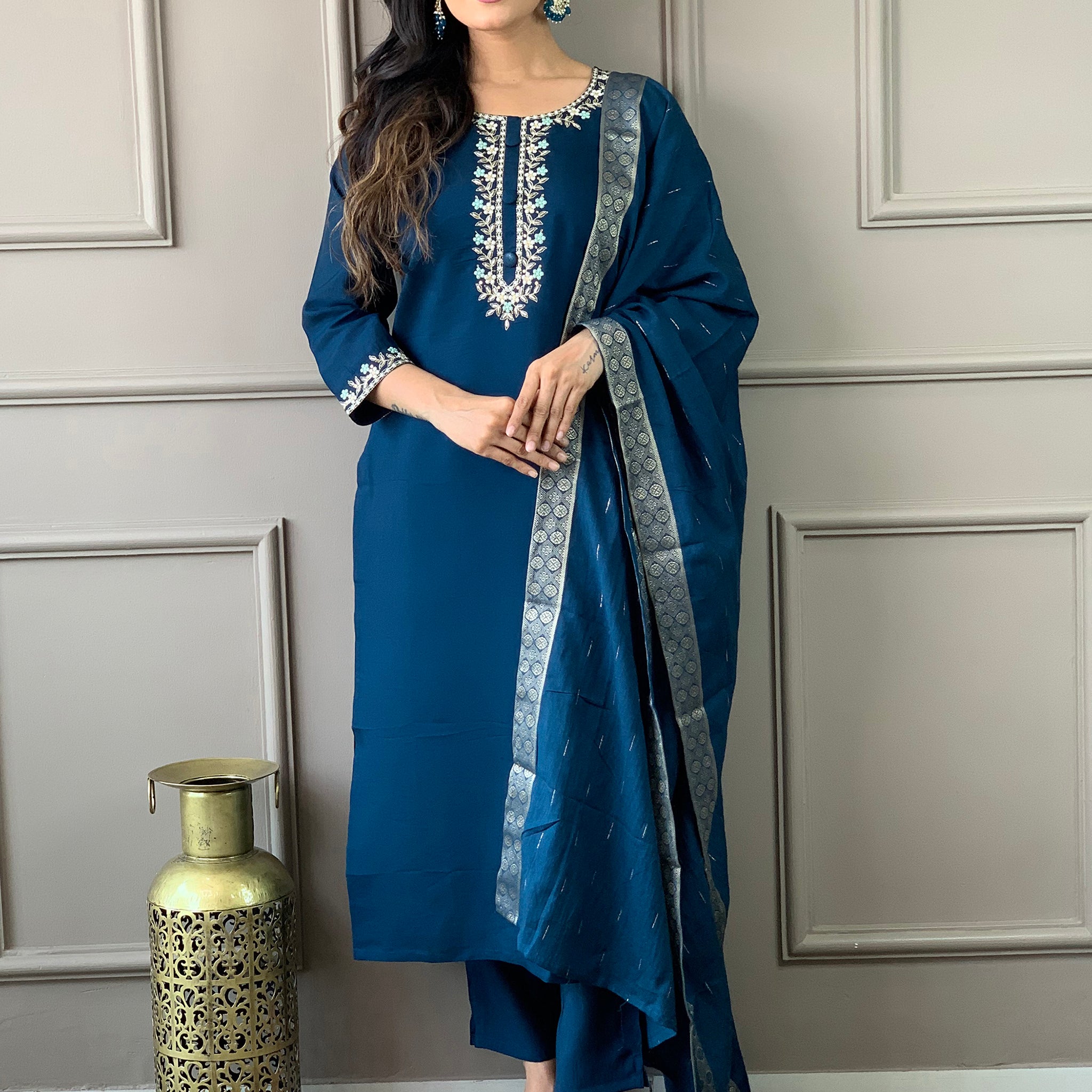Captivating Blue Embroidered Chanderi Silk Festival Wear Pant Suit