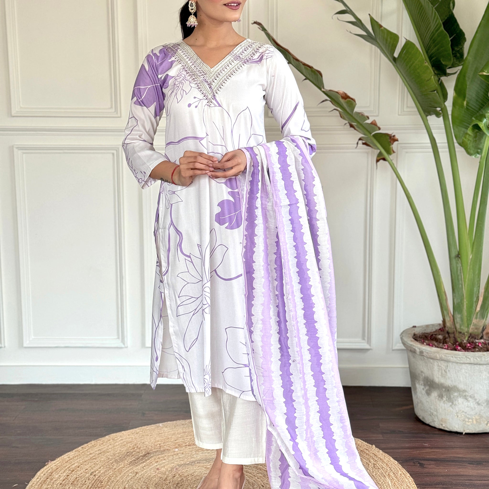 Bewitching White Printed Rayon Festival Wear Suit Pant With Dupatta