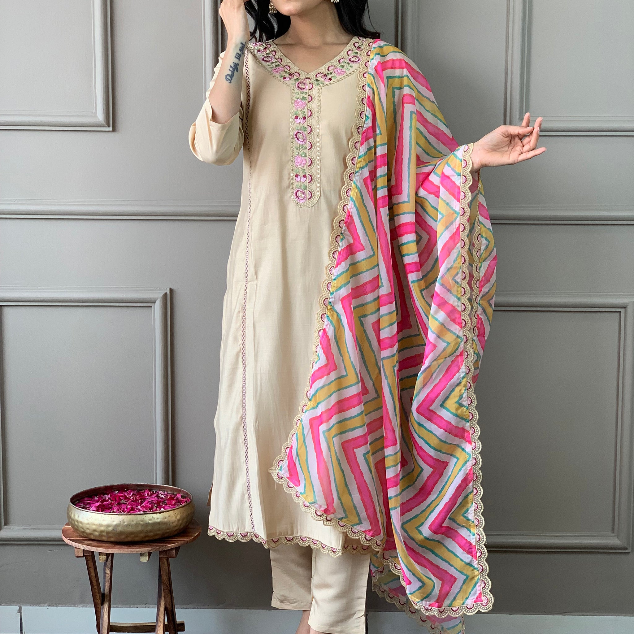 Beautiful Beige Embroidered Chanderi Silk Event Wear Suit Pant