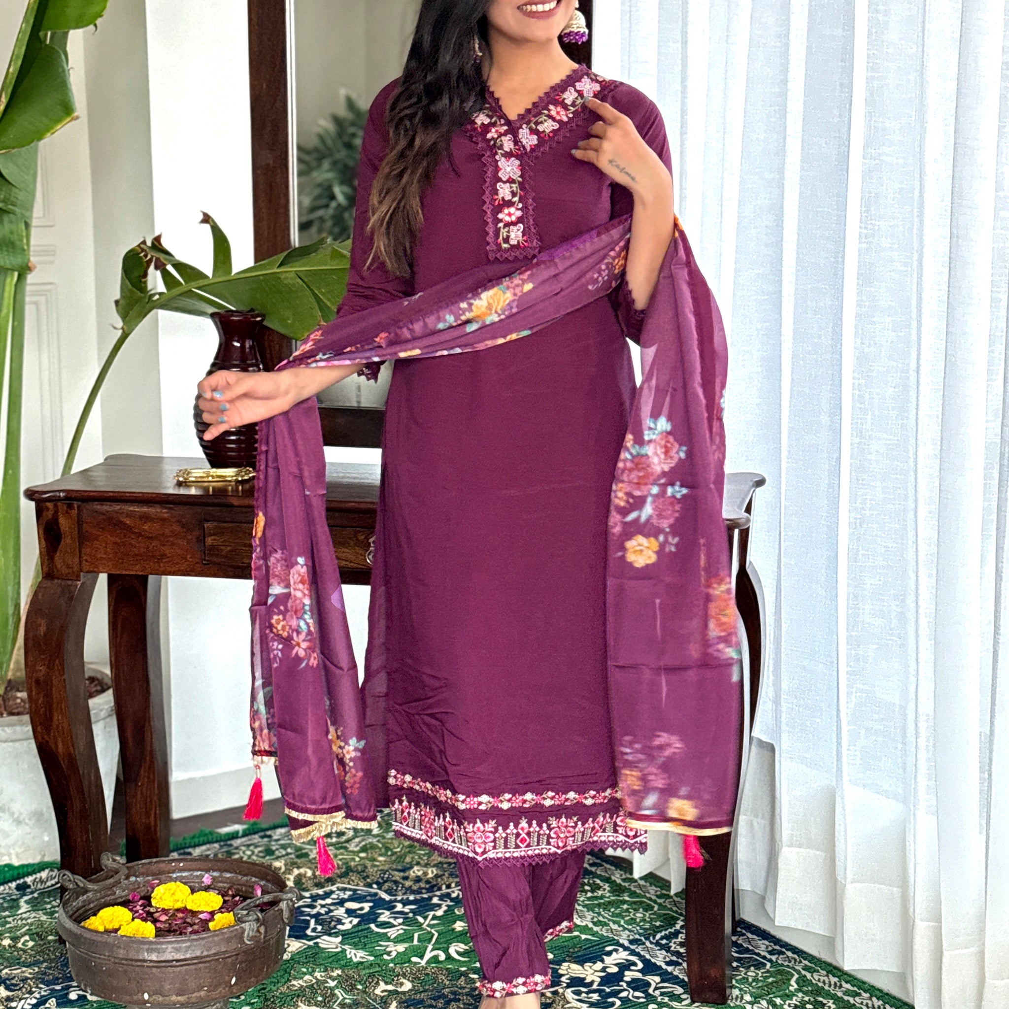 Stunning Burgundy Embroidered Chanderi Silk Readymade Suit Pant