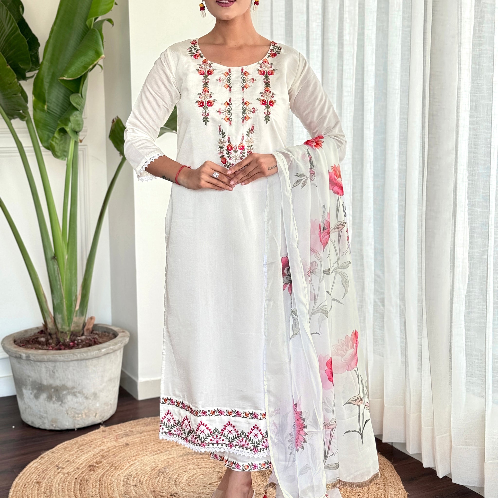 Attractive White Embroidered Rayon Traditional Pant Suit With Dupatta