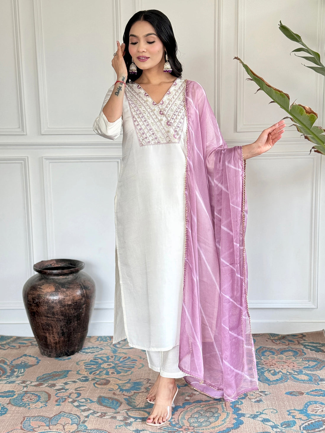 Glamorous White Embroidered Chanderi Silk Festival Wear Pant Suit