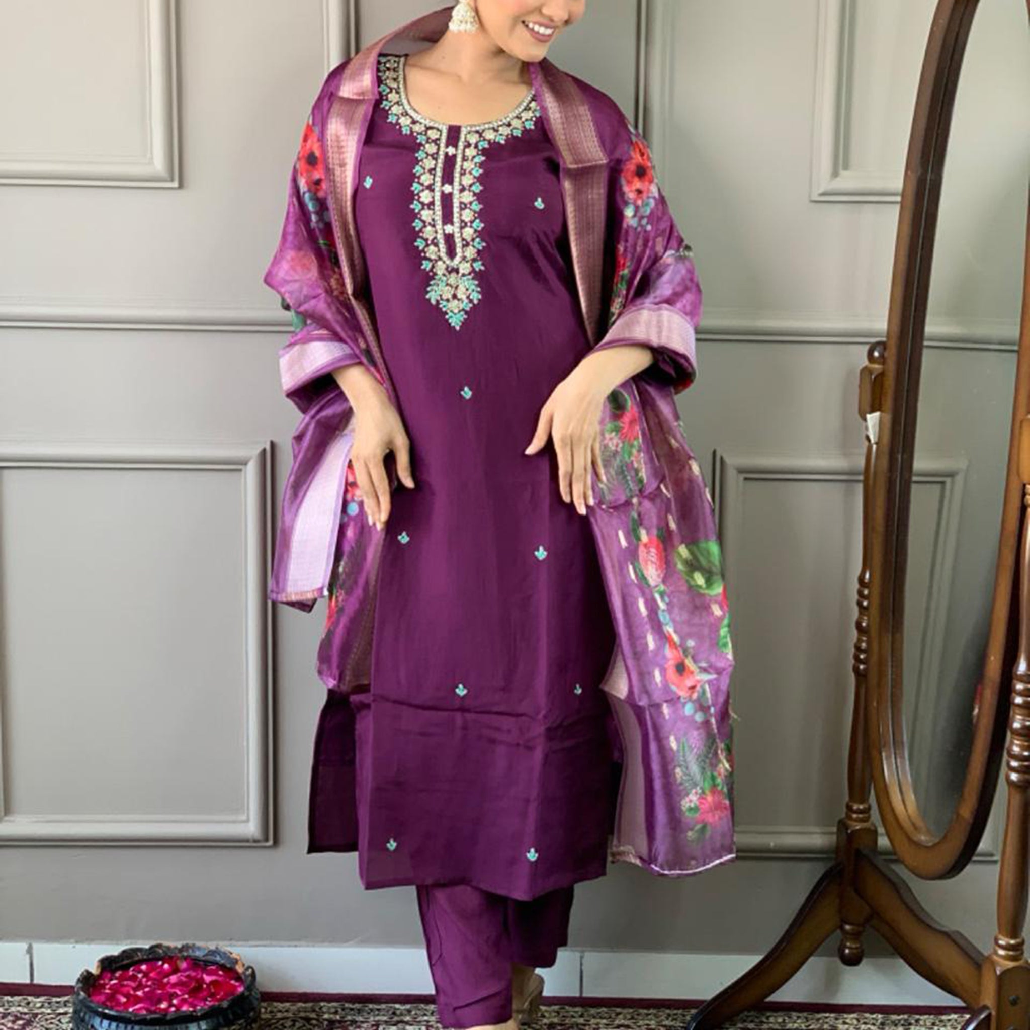 Beautiful Purple Embroidered Chanderi Silk Festival Wear Pant Suit