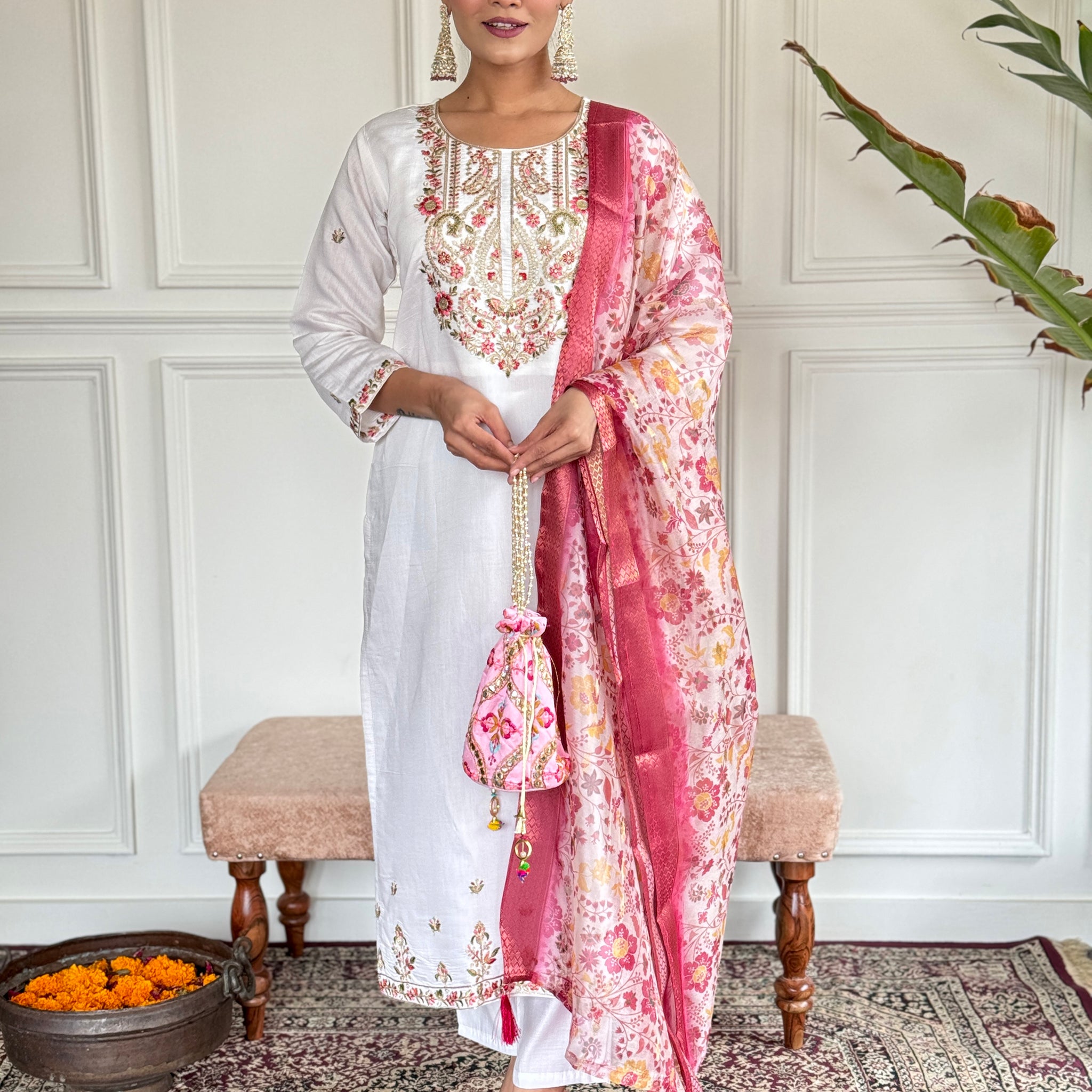 Alluring White Embroidered Chanderi Silk Pant Suit With Dupatta