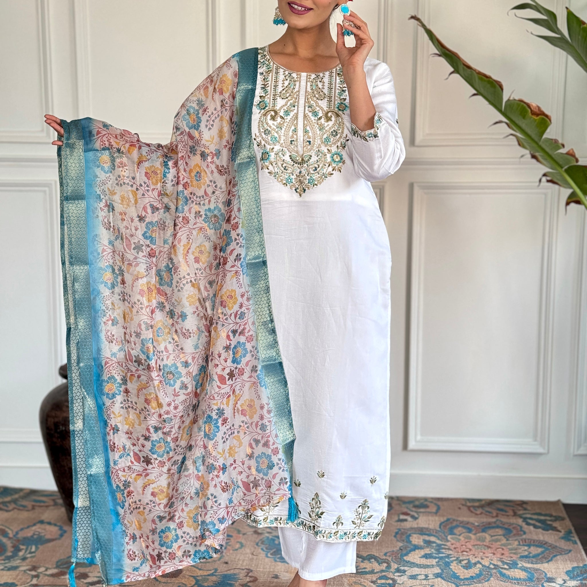 Fascinating White Embroidered Chanderi Silk Event Wear Pant Suit