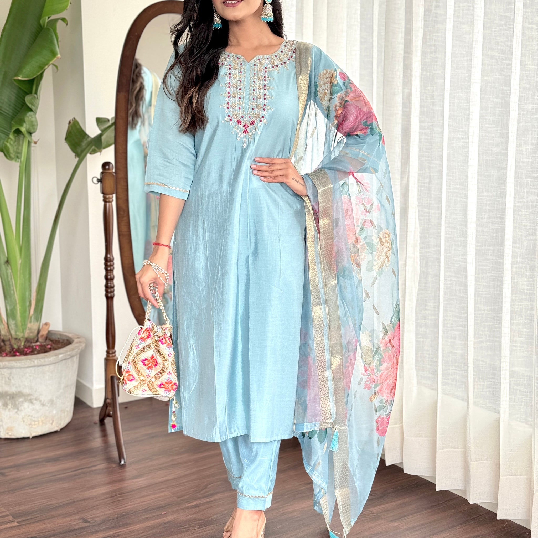 Magnetic Sky Blue Embroidered Chanderi Silk Festival Wear Pant Suit