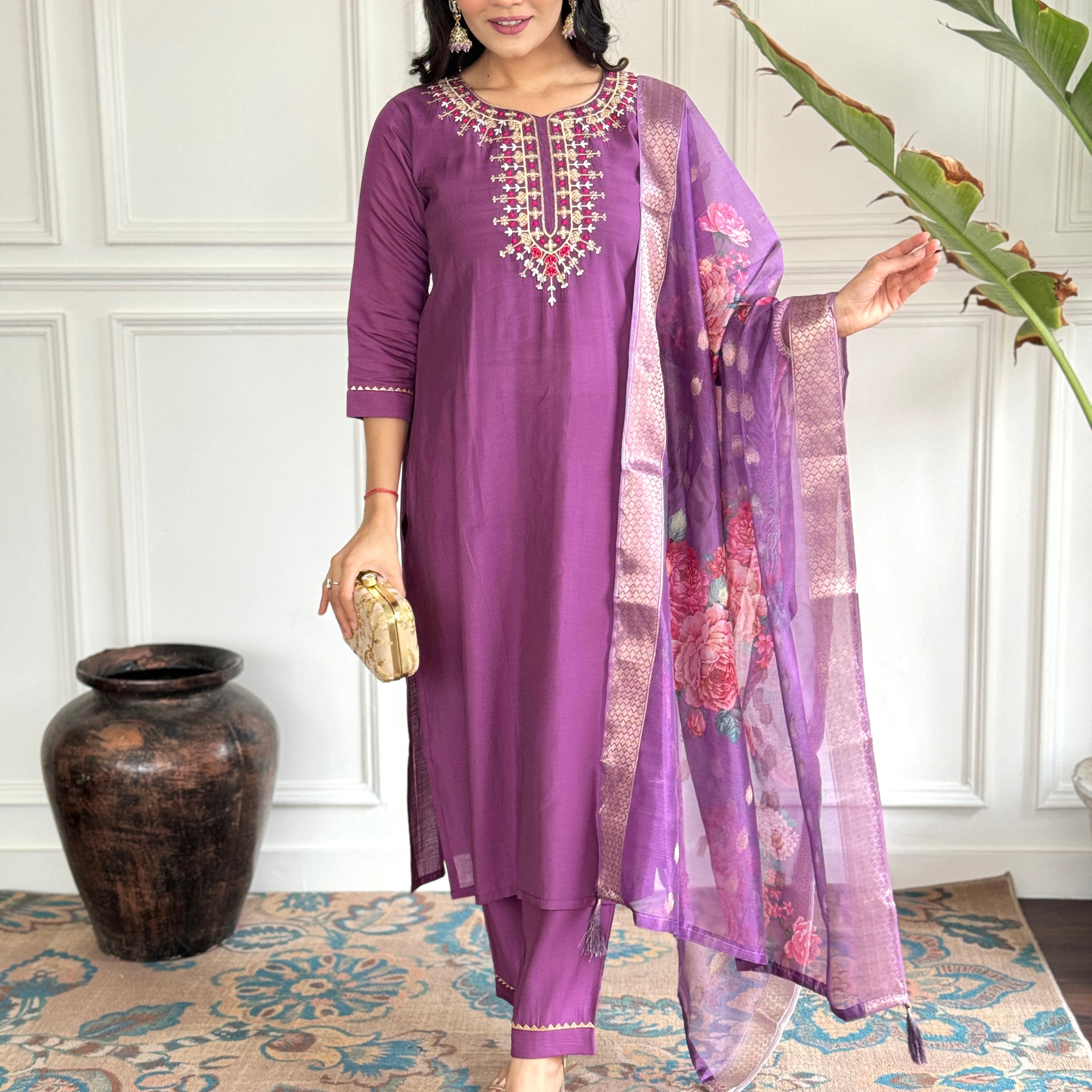 Enchanting Purple Embroidered Chanderi Silk Event Wear Pant Suit