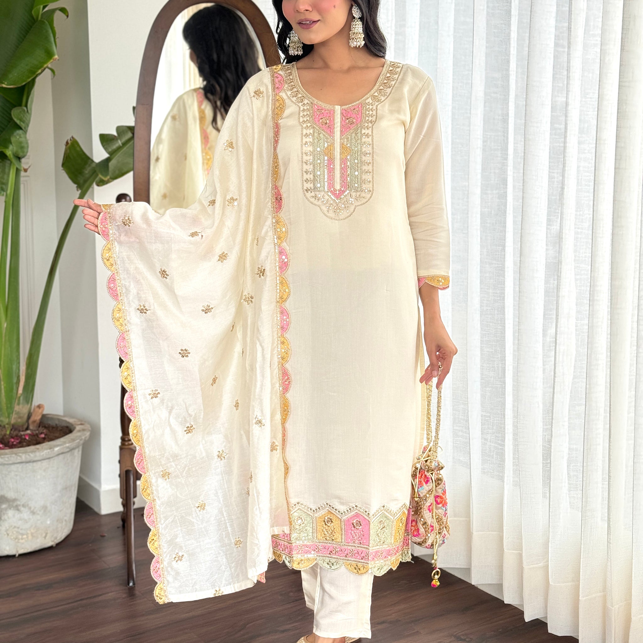 Amazing Cream Embroidered Chanderi Silk Traditional Pant Suit