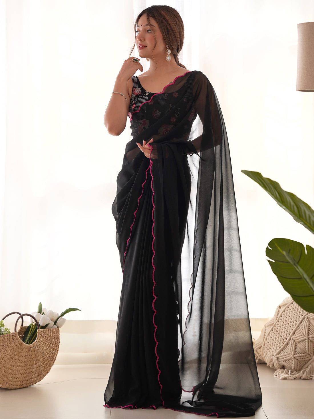 Adorable Black Lace Work Georgette Party Wear Saree With Blouse