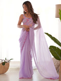 Beautiful Lavender Lace Work Georgette Festival Wear Saree With Blouse