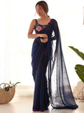 Gorgeous Navy Blue Lace Work Georgette Party Wear Saree With Blouse