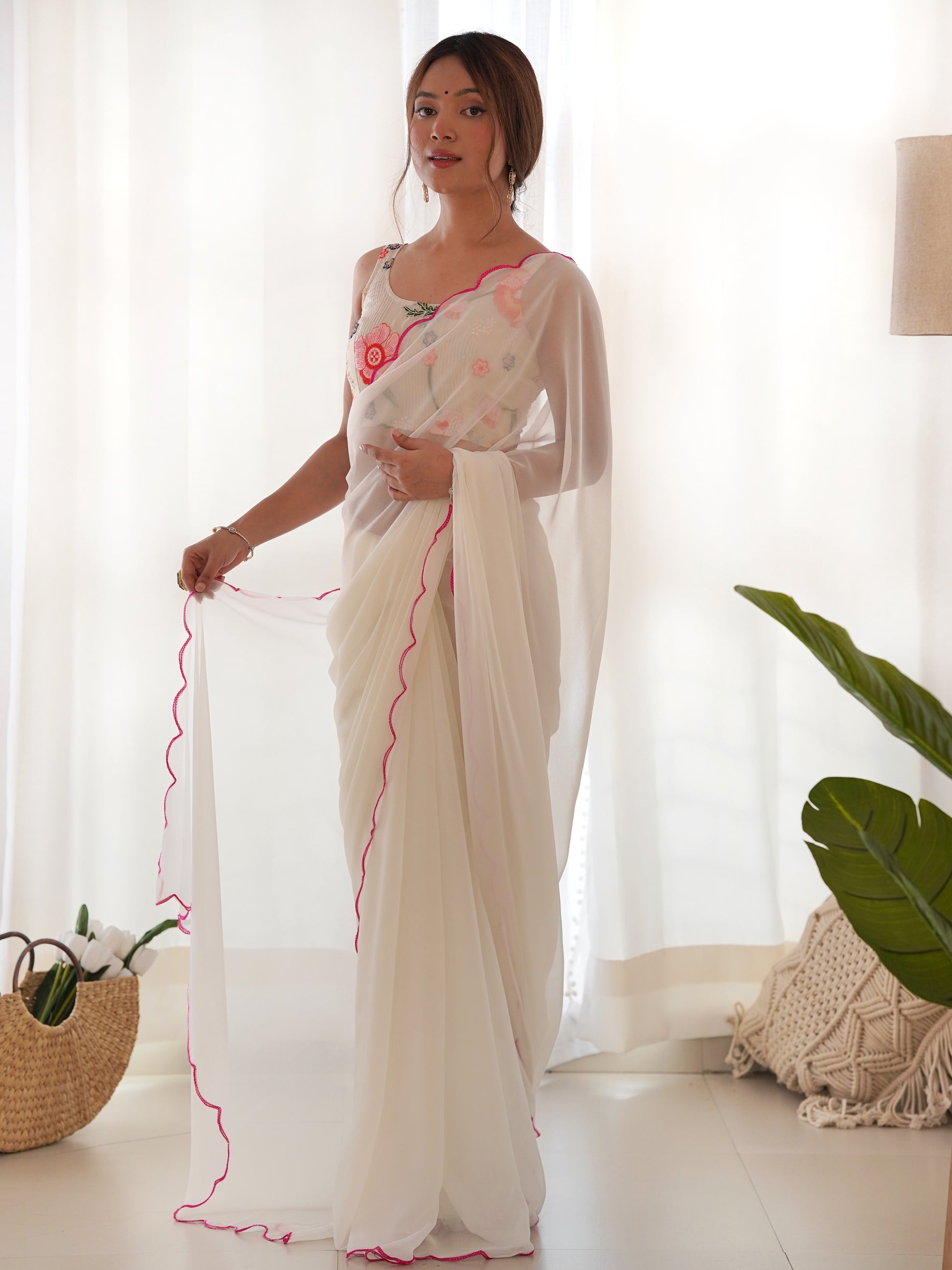 Attractive White Lace Work Georgette Festival Wear Saree With Blouse