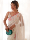 Attractive White Lace Work Georgette Festival Wear Saree With Blouse