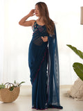 Awesome Teal Blue Lace Work Georgette Cocktail Party Wear Saree