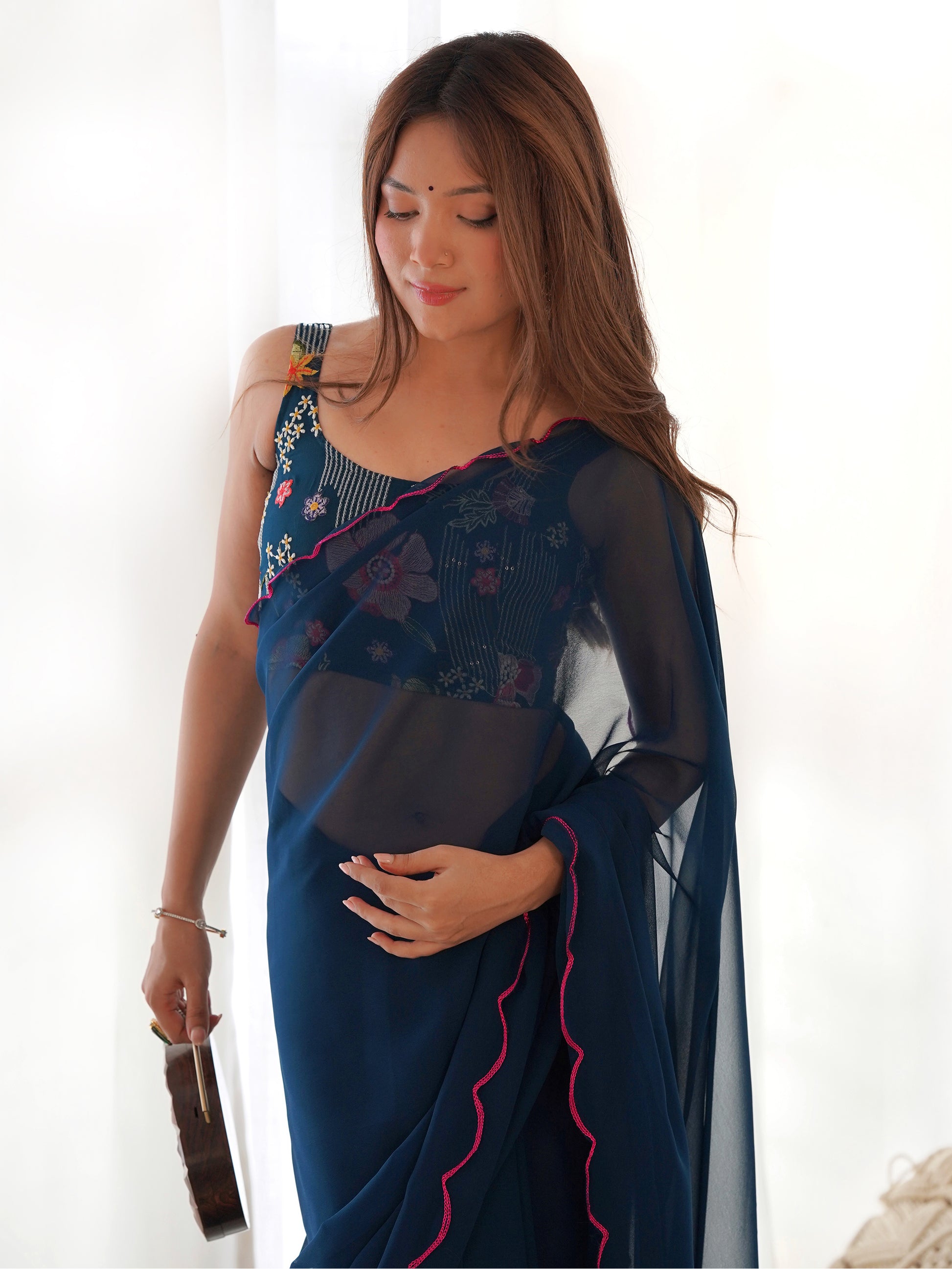Awesome Teal Blue Lace Work Georgette Cocktail Party Wear Saree