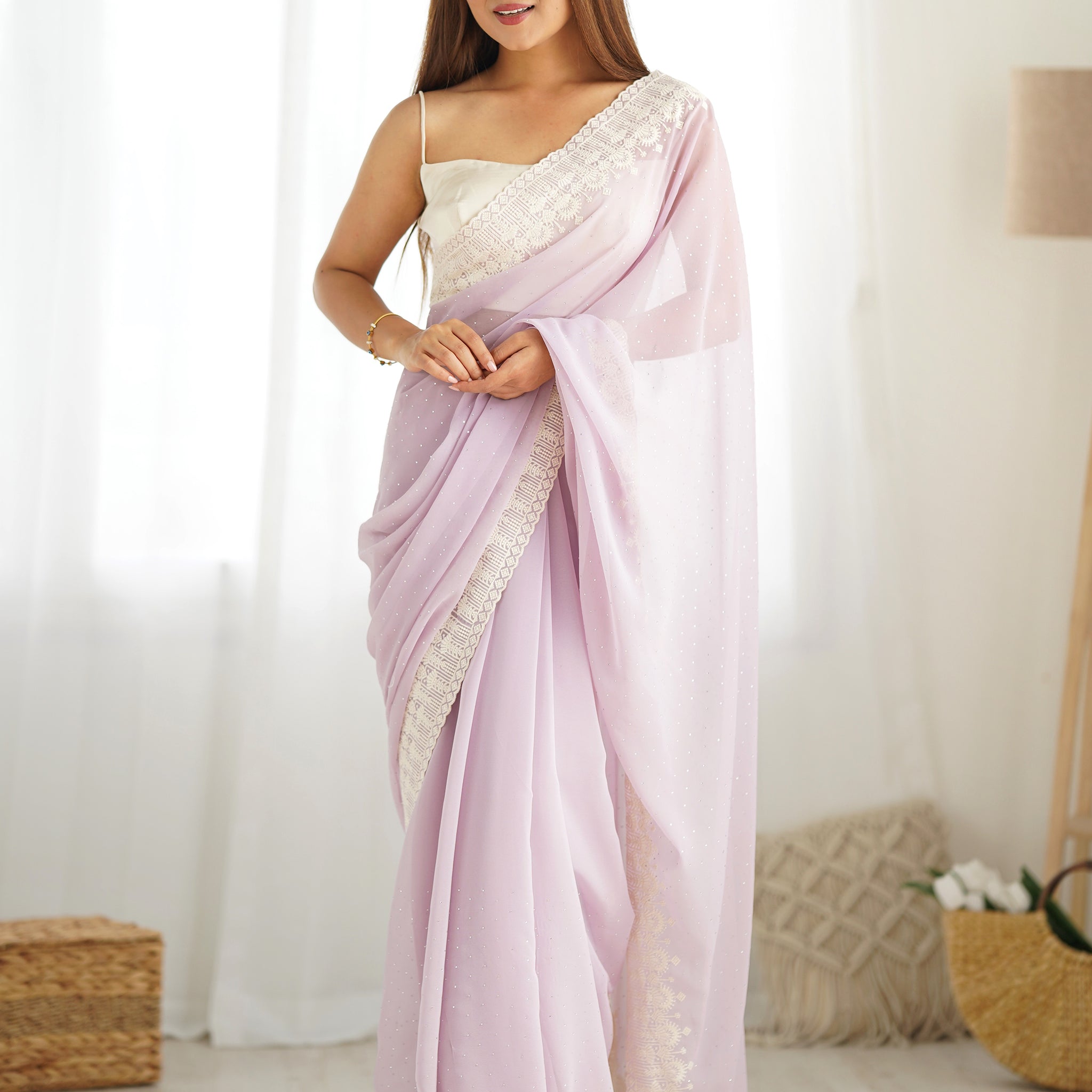 Astonishing Lavender Lace Work Georgette Festival Wear Saree