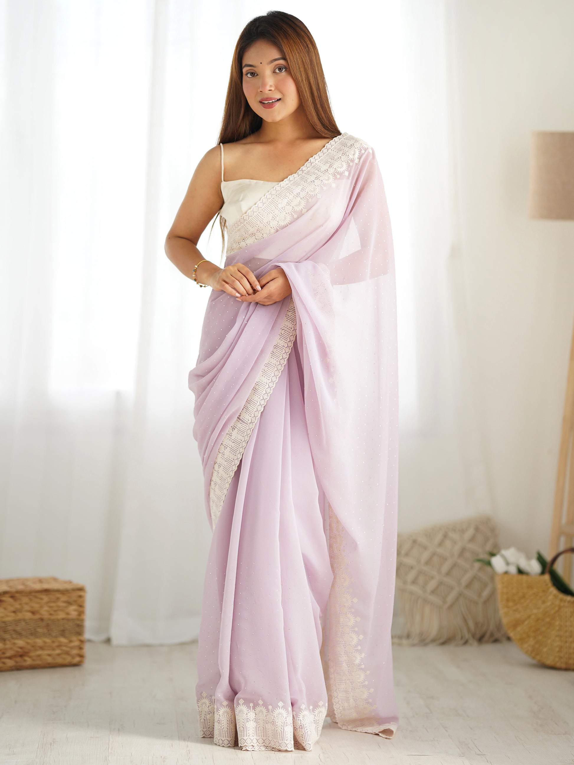 Astonishing Lavender Lace Work Georgette Festival Wear Saree